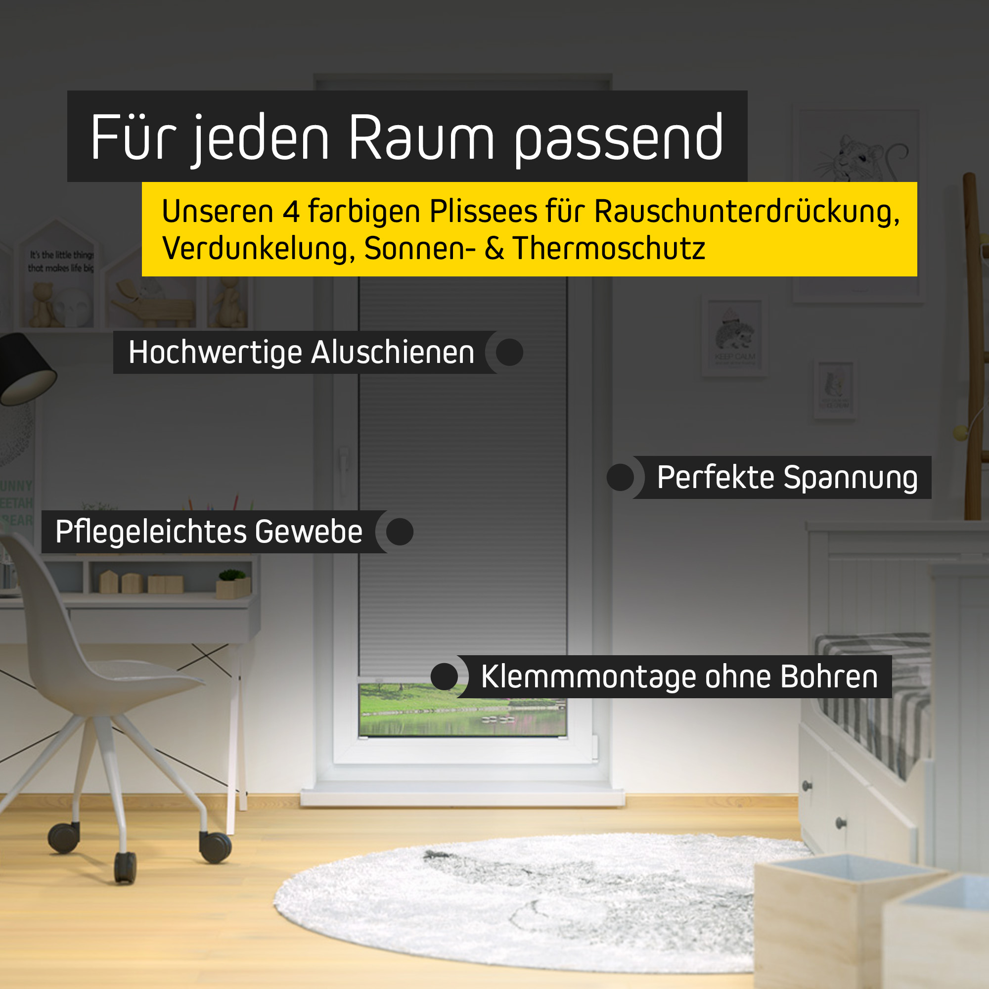 Wabenplissee am Fenster, einfache Klemmmontage, hochwertige Aluschienen, pflegeleichtes Gewebe
