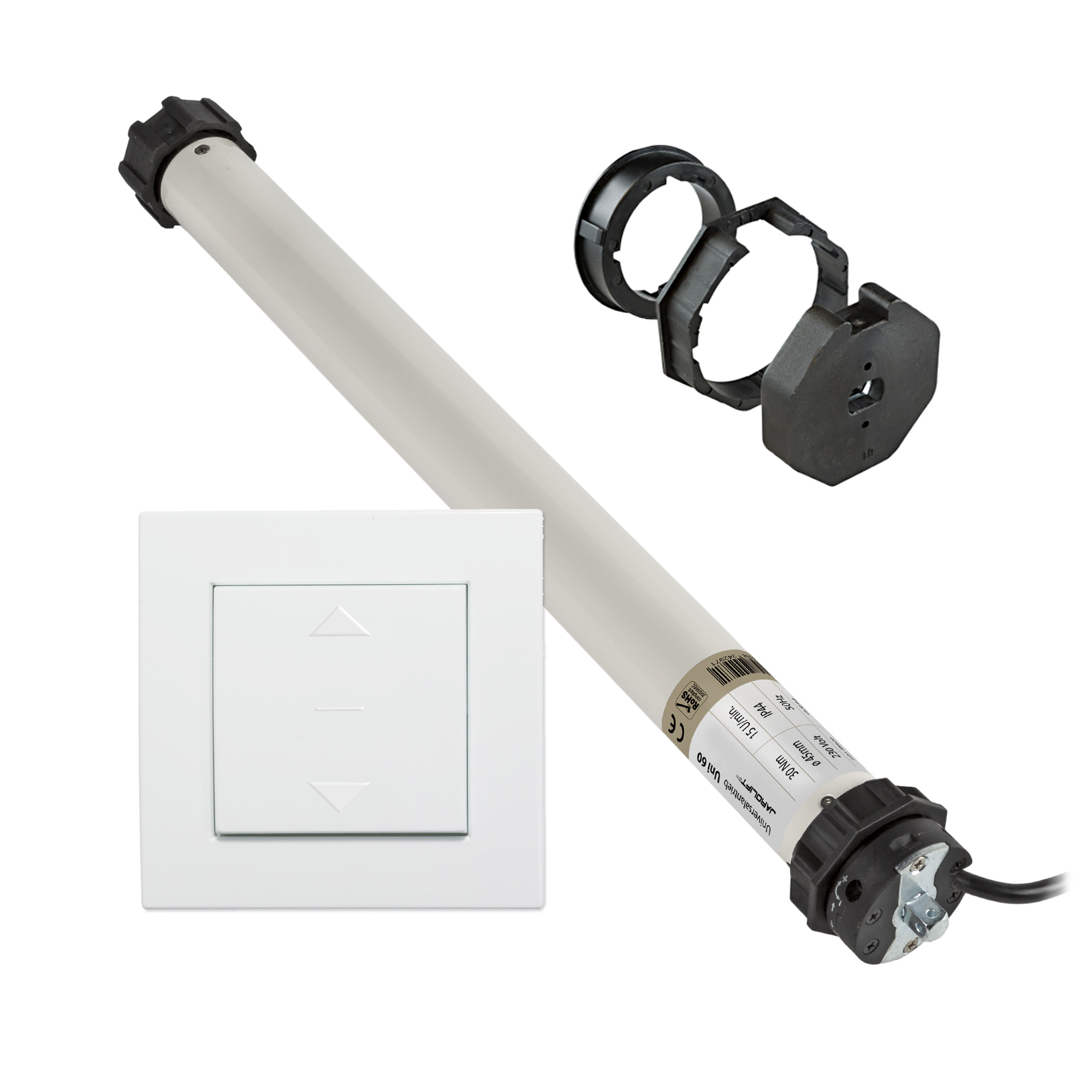 Rollladenmotor mit Steuerung und Kabel für automatisierte Rollladenbedienung