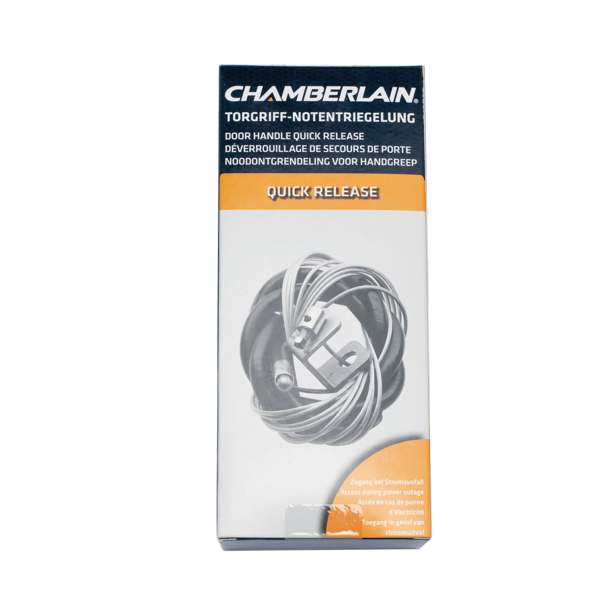 Verpackung einer Torgriff-Notentriegelung für Garagentorantrieb mit Kabel und Befestigungselementen