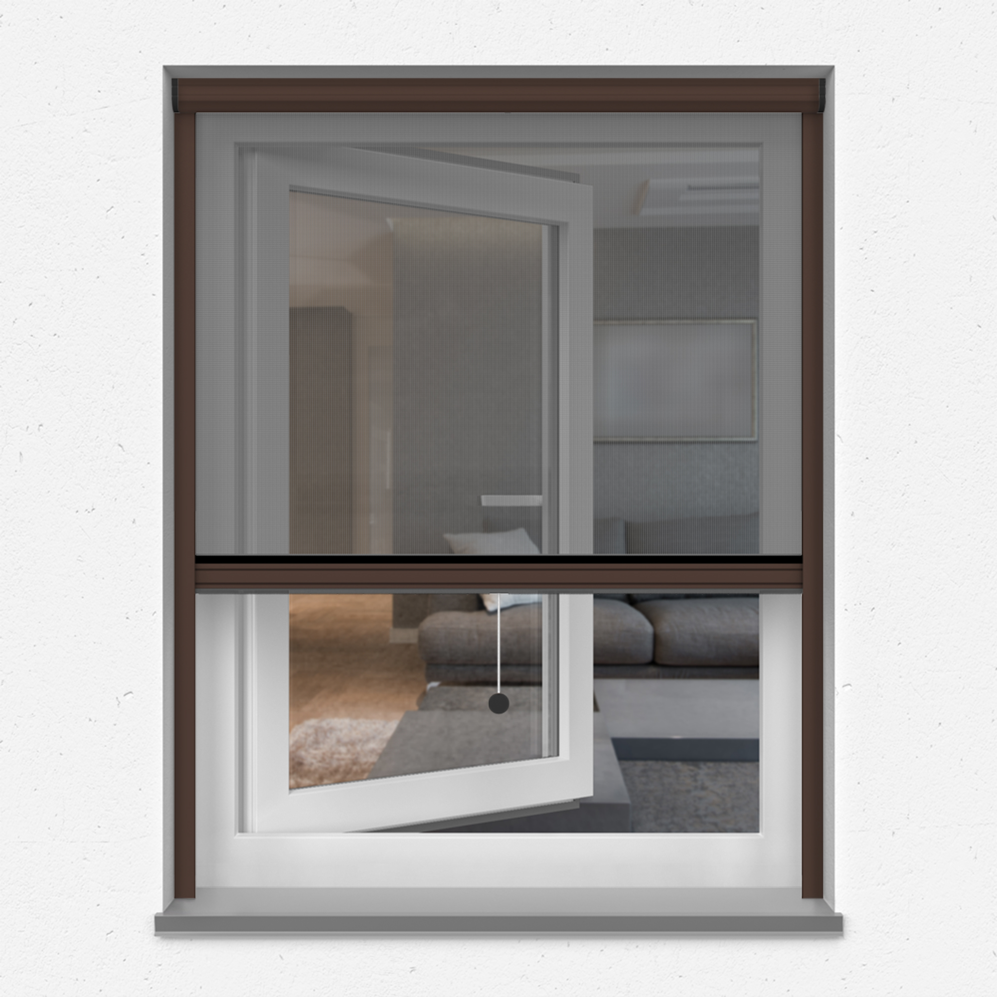 Insektenschutzrollo an einem geöffneten Fenster in einem Wohnraum