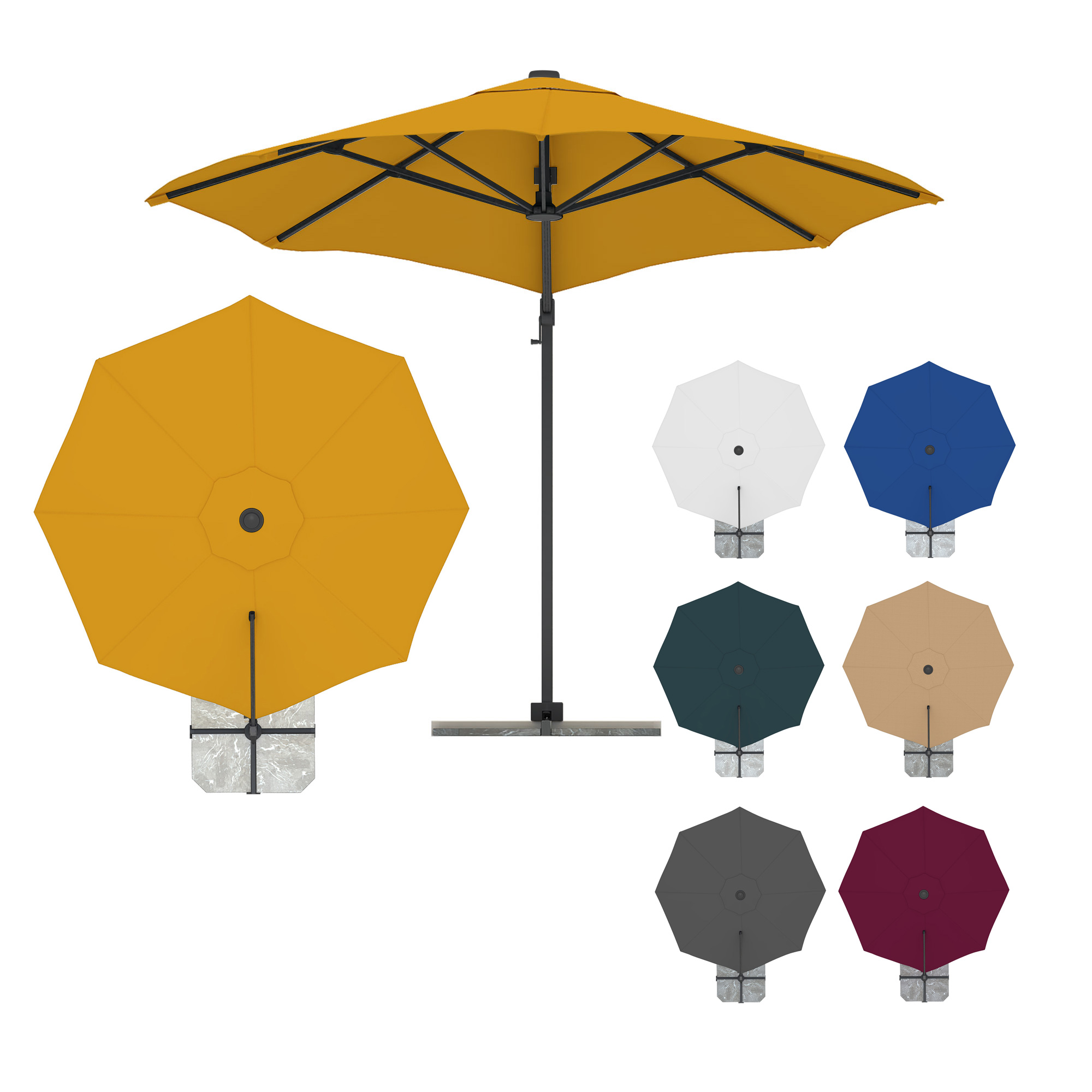 Ampelschirm mit rundem Schirmdach und seitlichem Standfuß in verschiedenen Farben