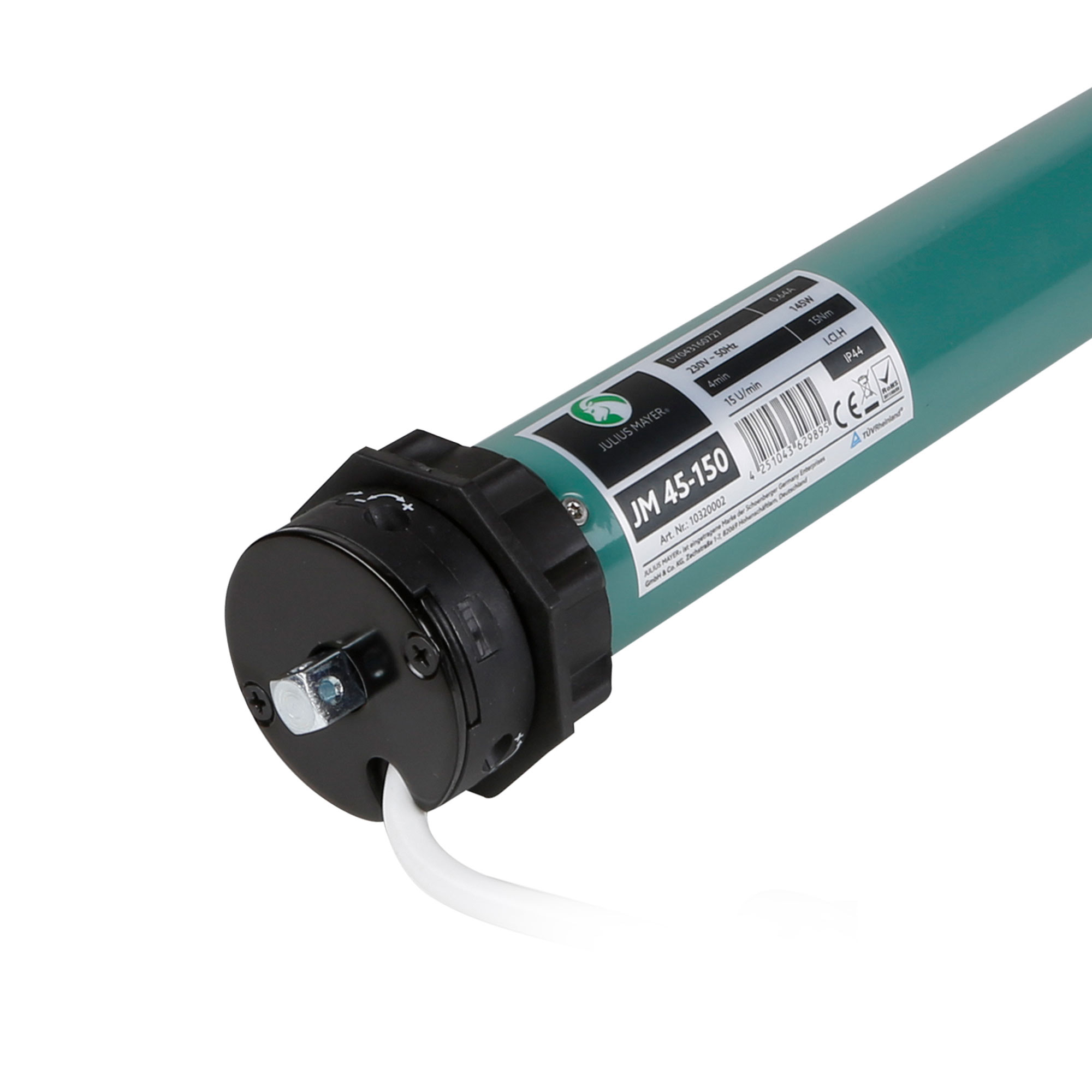 Zylindrisches Gerät mit Kabel und Etikett, möglicherweise ein elektrischer Antriebsmotor