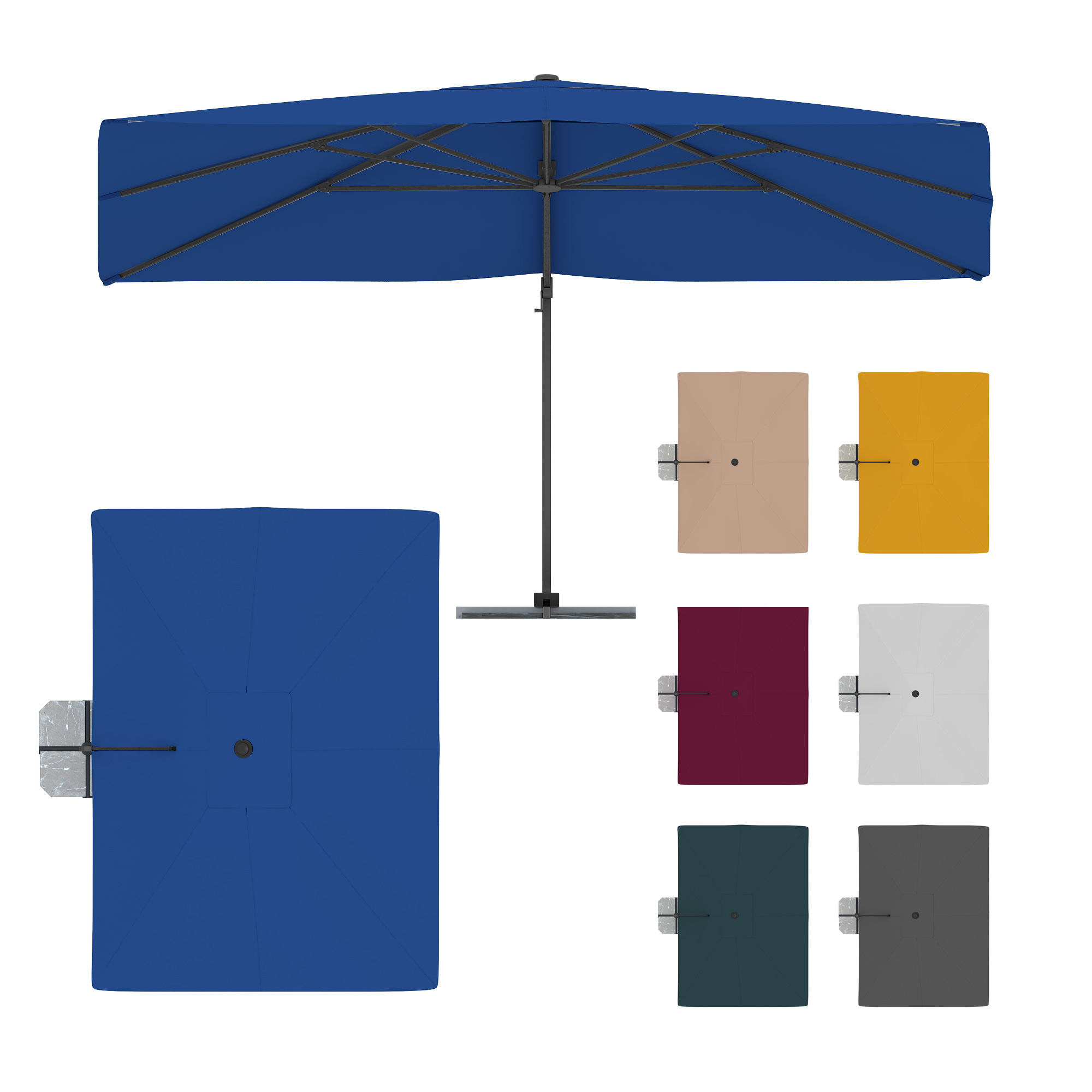 Ampelschirm mit rundem Schirmdach und seitlichem Standfuß in verschiedenen Farben