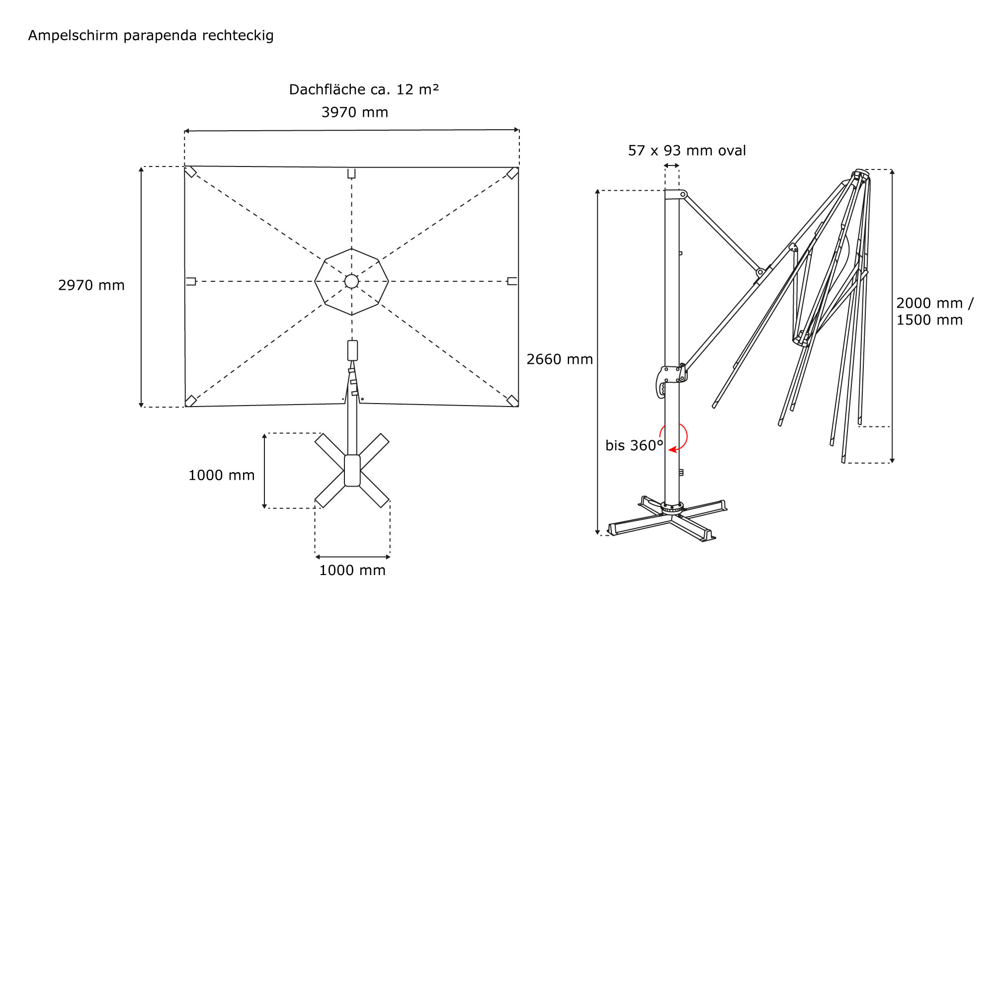 Technische Zeichnung eines runden Ampelschirms mit Ständer und Drehfunktion