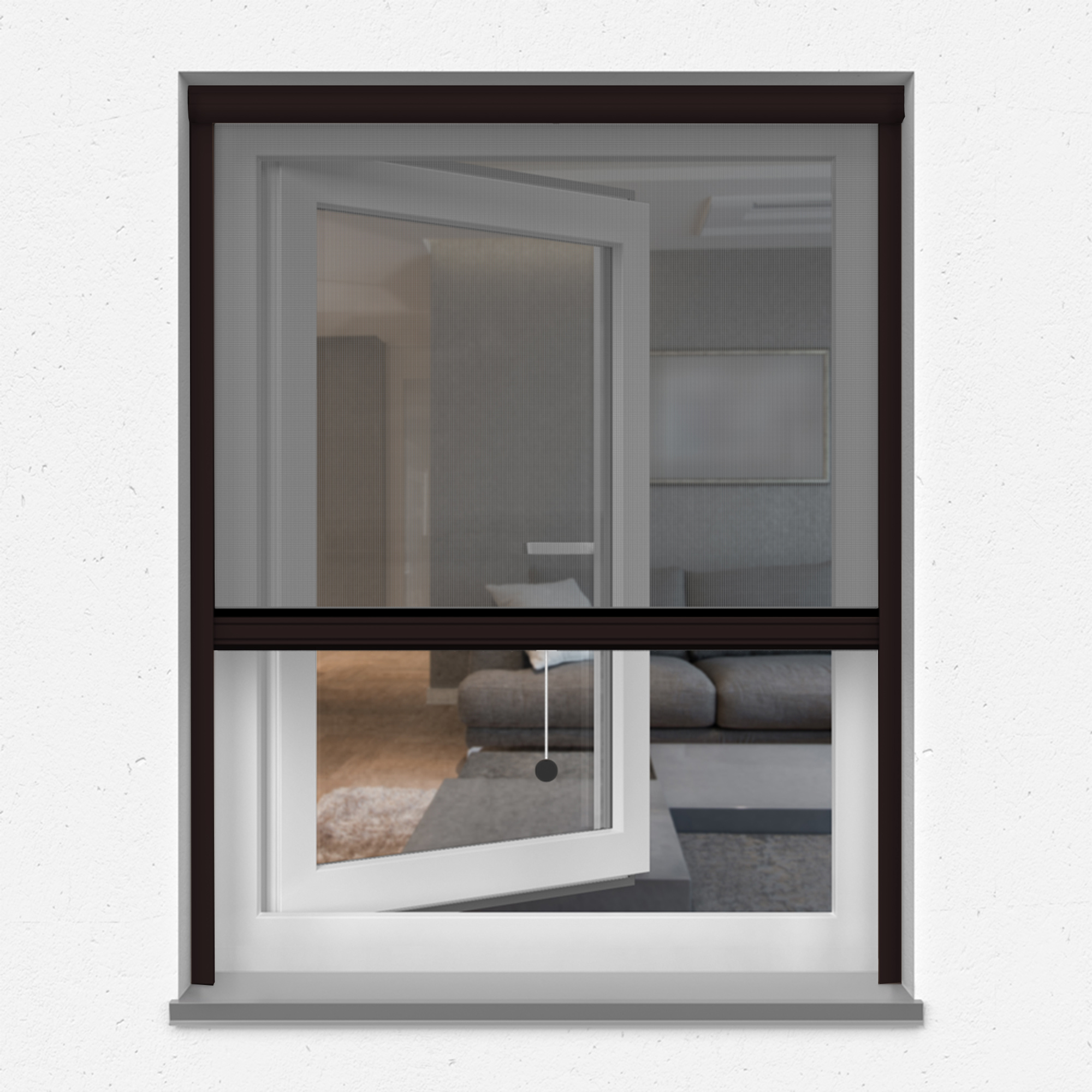 Insektenschutzrollo an einem geöffneten Fenster in einem Wohnraum