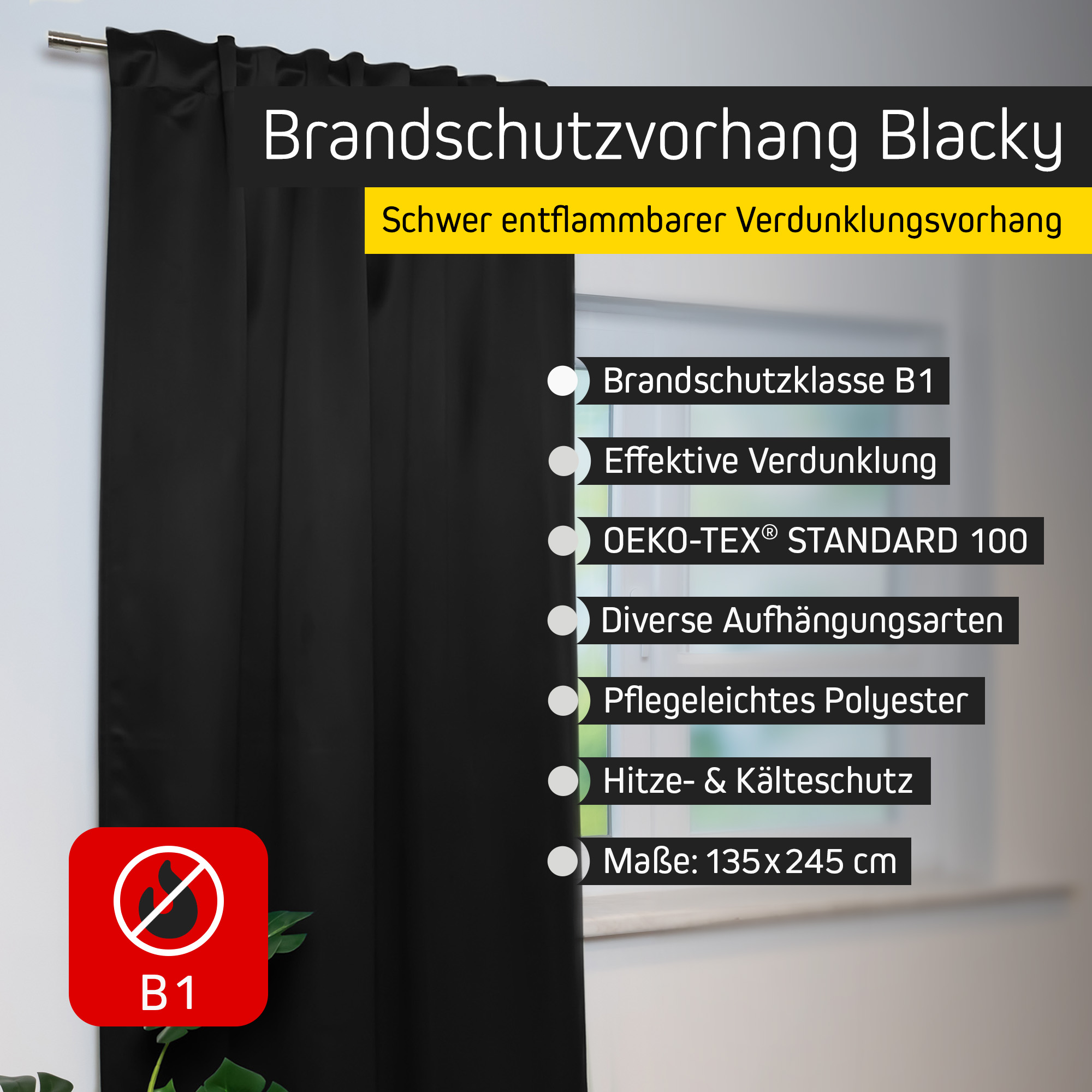 Brandschutzvorhang mit Kombiband, schwer entflammbar, effektive Verdunklung, diverse Aufhängungen