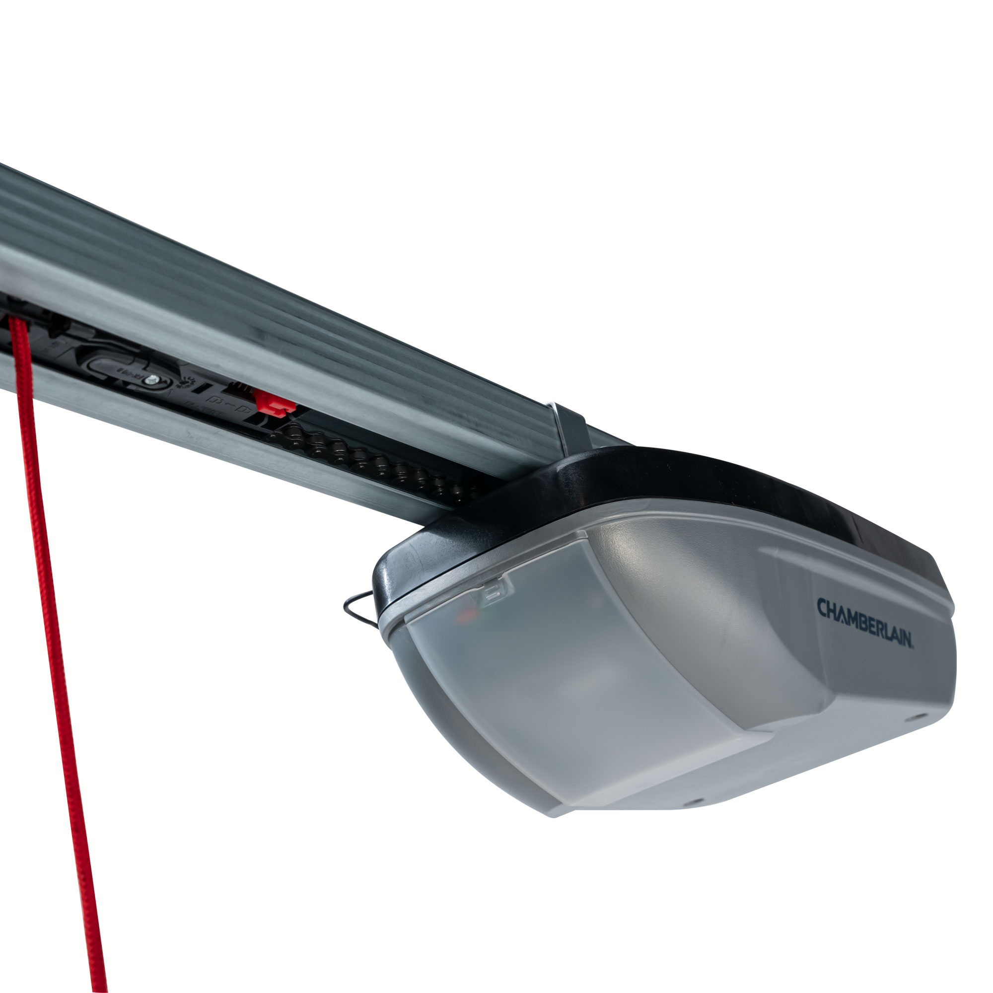 Garagentorantrieb mit Schiene und rotem Seil für automatische Toröffnung