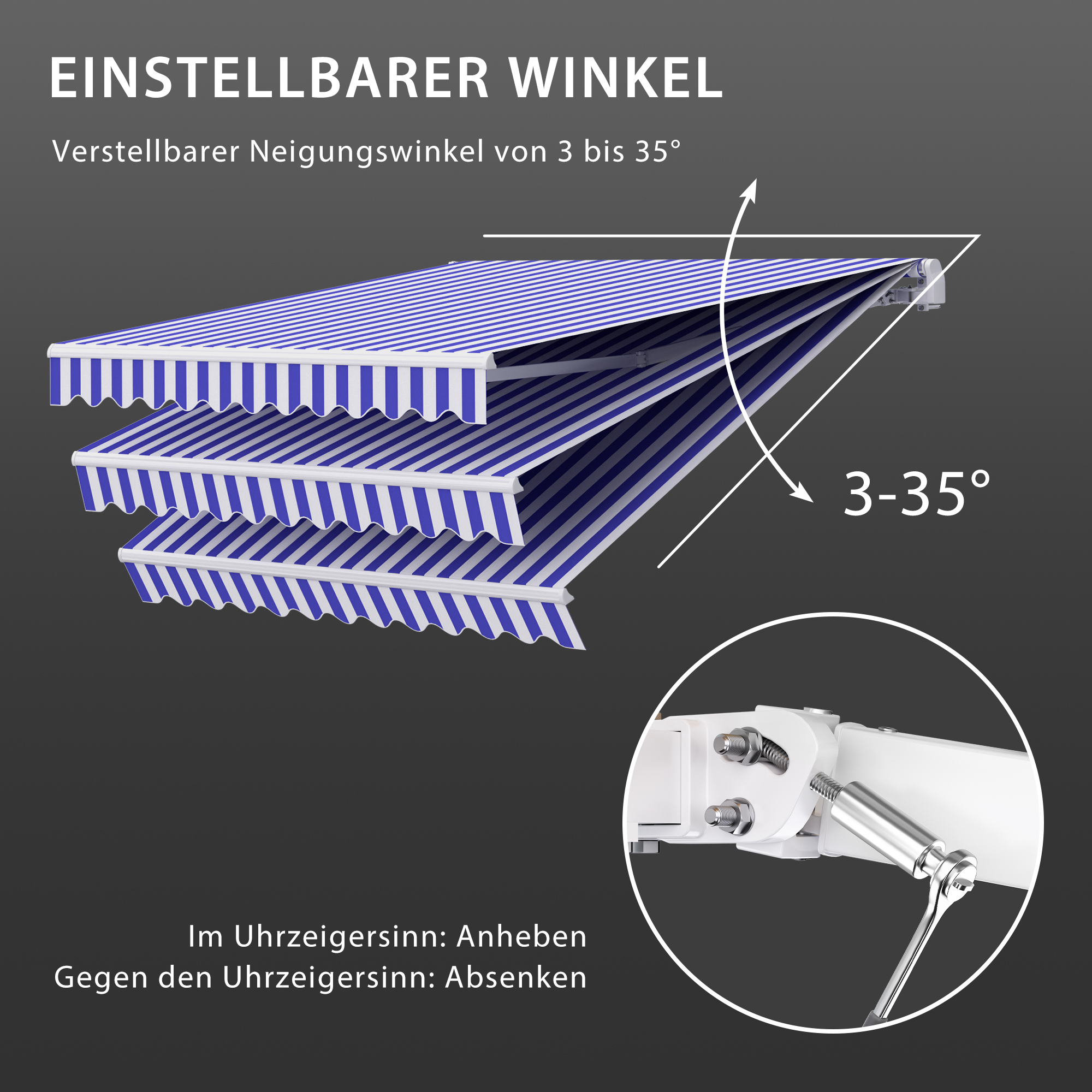slider_image_01928fc067017e069a7525ec3b91dafa Verstellbare Markise mit Neigungswinkel von 3 bis 35 Grad, Hebelmechanismus zur Einstellung