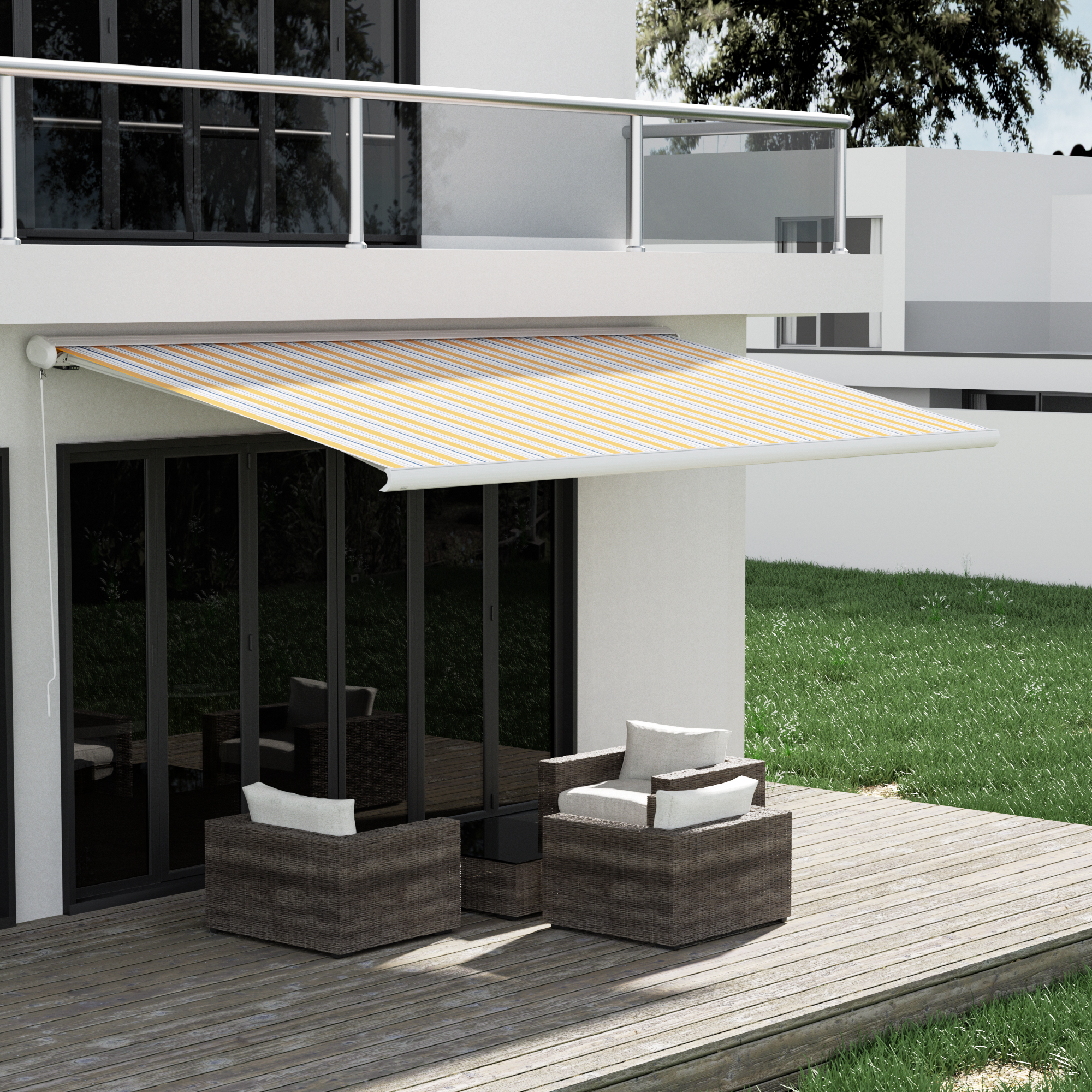 Terrasse mit Markise und Sitzmöbeln vor einem modernen Gebäude