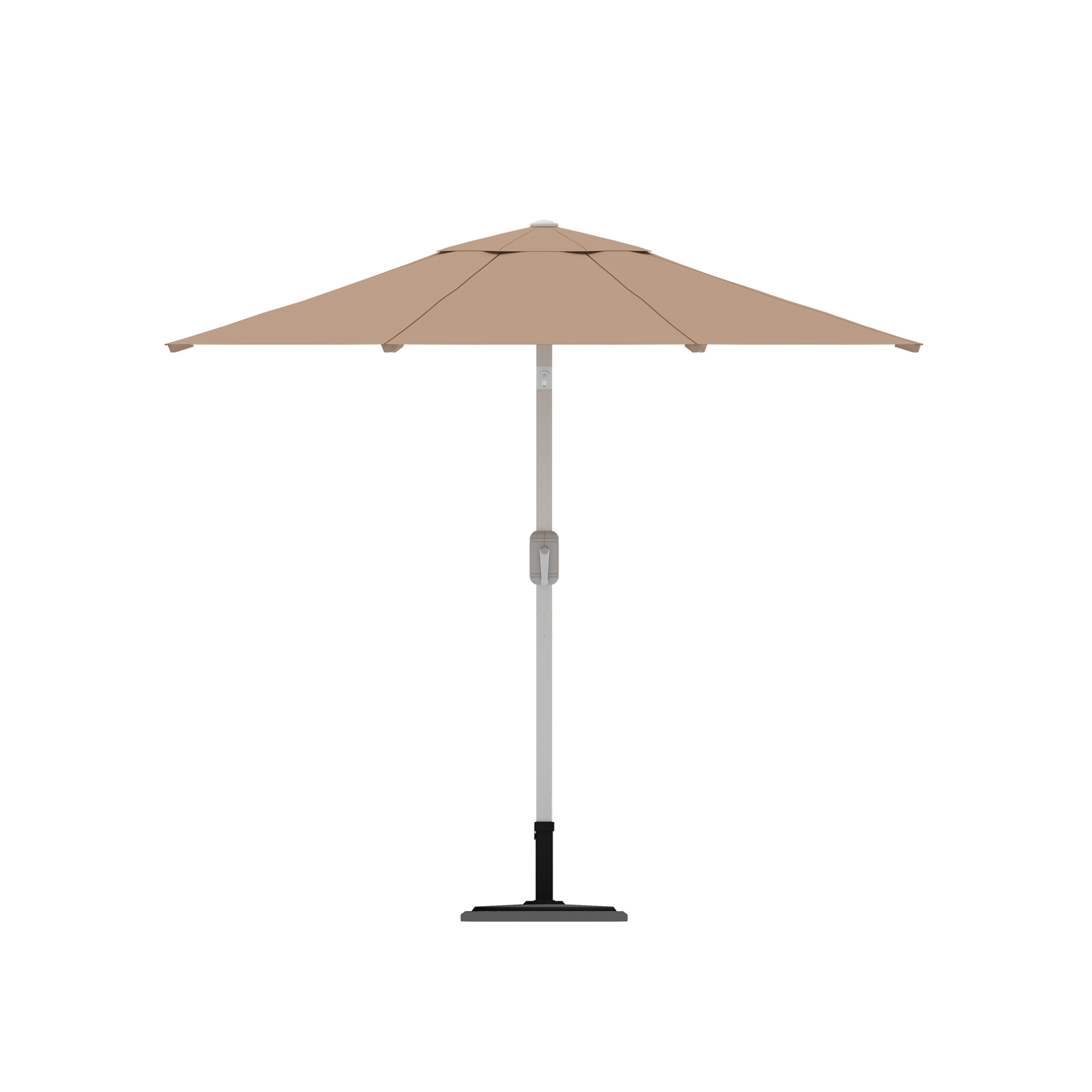 Moderner Sonnenschirm mit zentralem Mast und Kurbelmechanismus