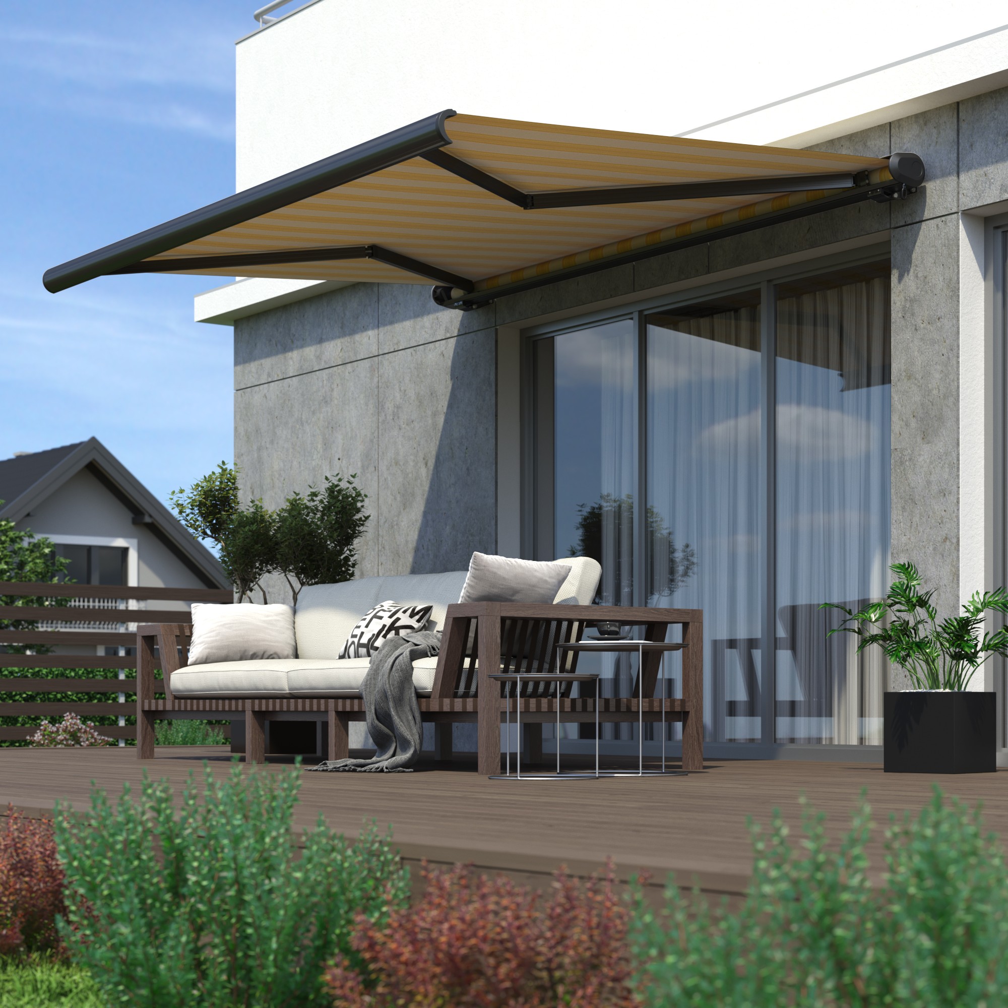 slider_image_01926c625aa874d4852ec12b5cbcaace Terrasse mit Markise und Sitzbereich vor einem modernen Gebäude