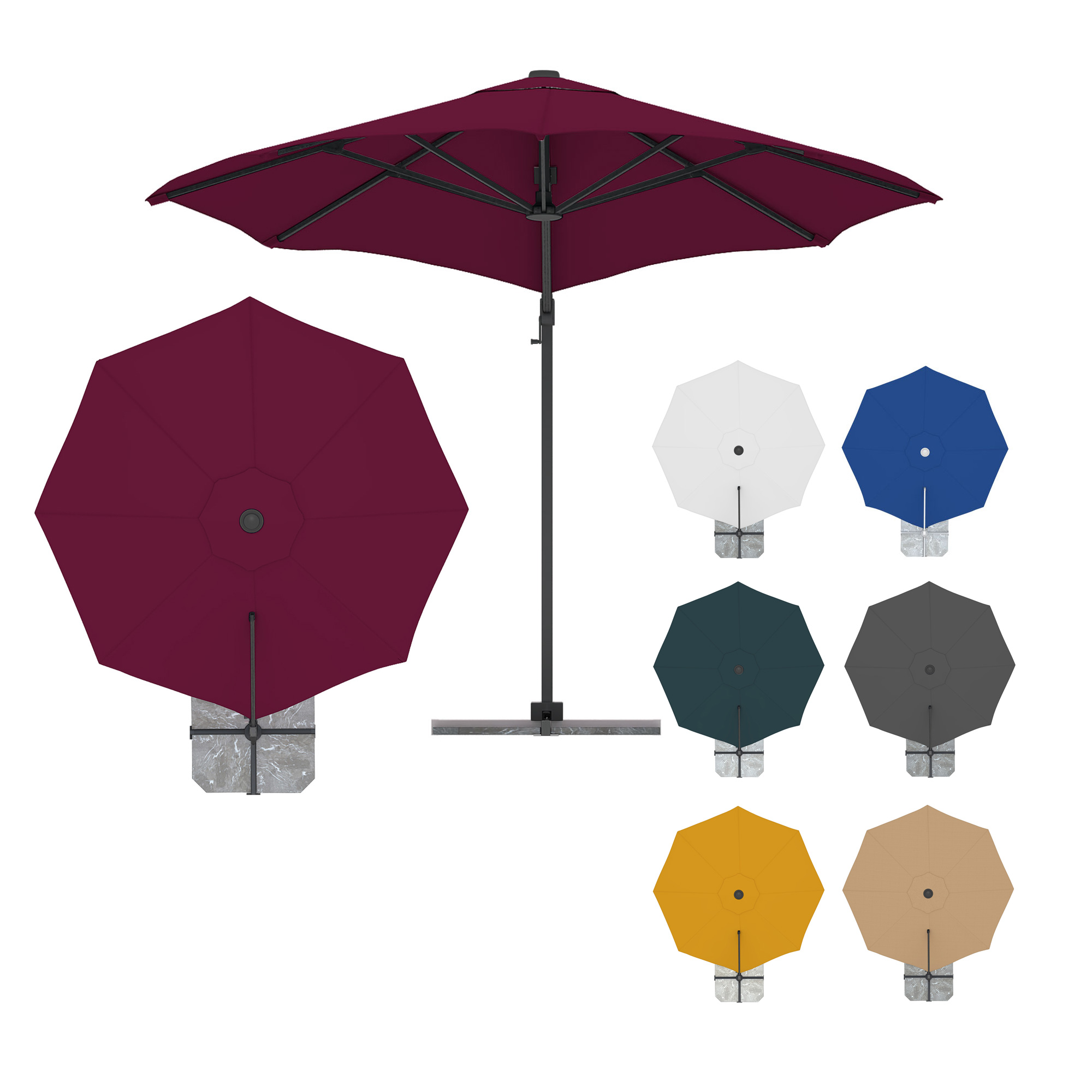 Ampelschirm mit rundem Schirmdach und seitlichem Standfuß in verschiedenen Farben