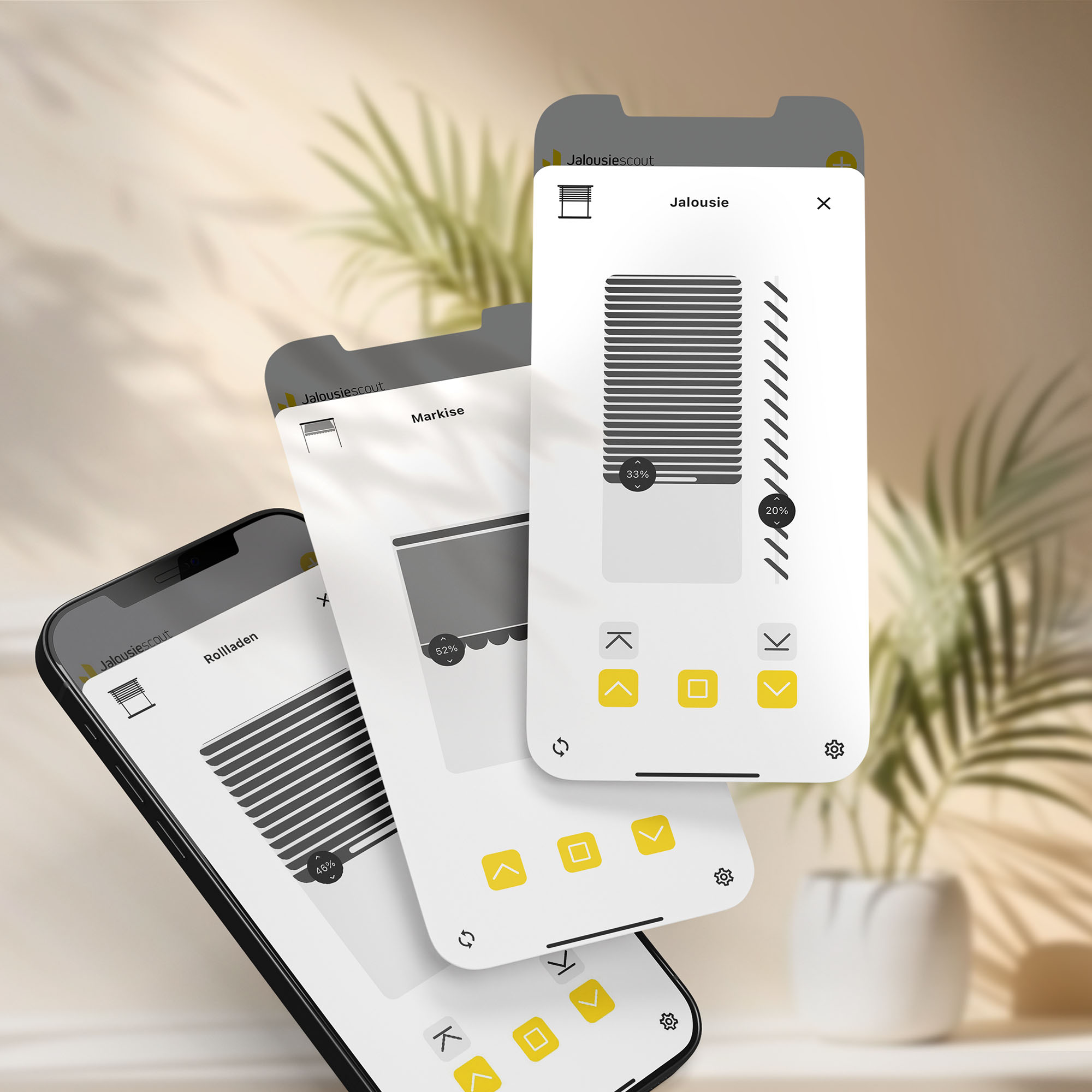 Smart-Home-App auf Smartphone zur Steuerung von Jalousien, Markisen und Rollläden