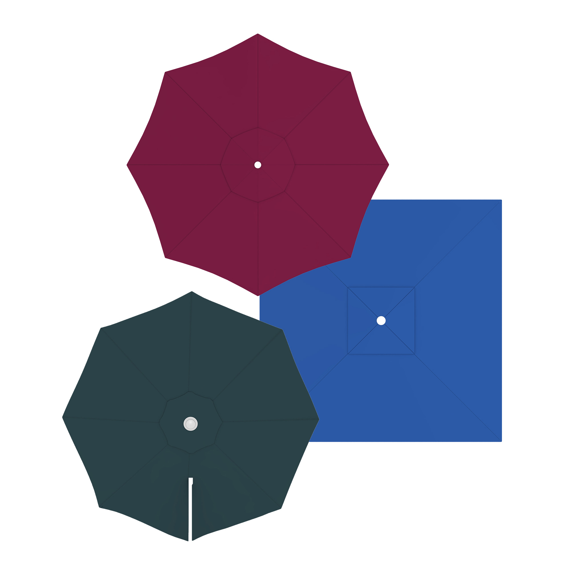 Drei Sonnenschirmbespannungen in verschiedenen Formen und Anordnungen