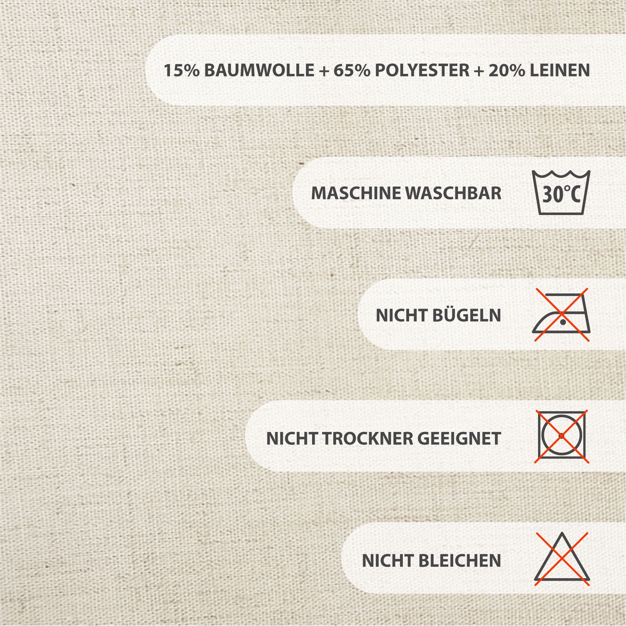 Raffrollo mit Pflegehinweisen: maschinenwaschbar, nicht bügeln, nicht trocknergeeignet, nicht bleichen