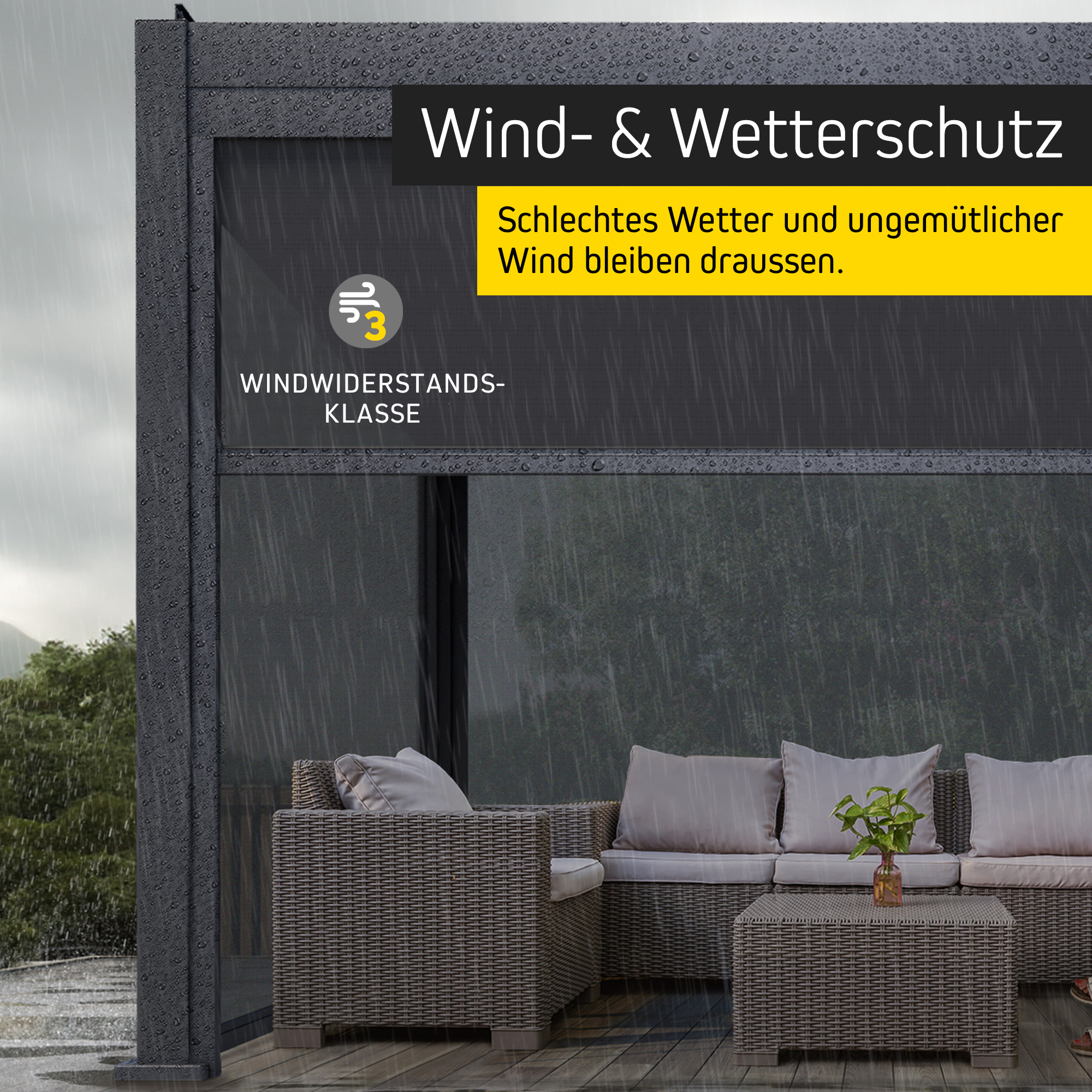 Screen-Rollo für Pergola mit Lamellendach als Wind- und Wetterschutz