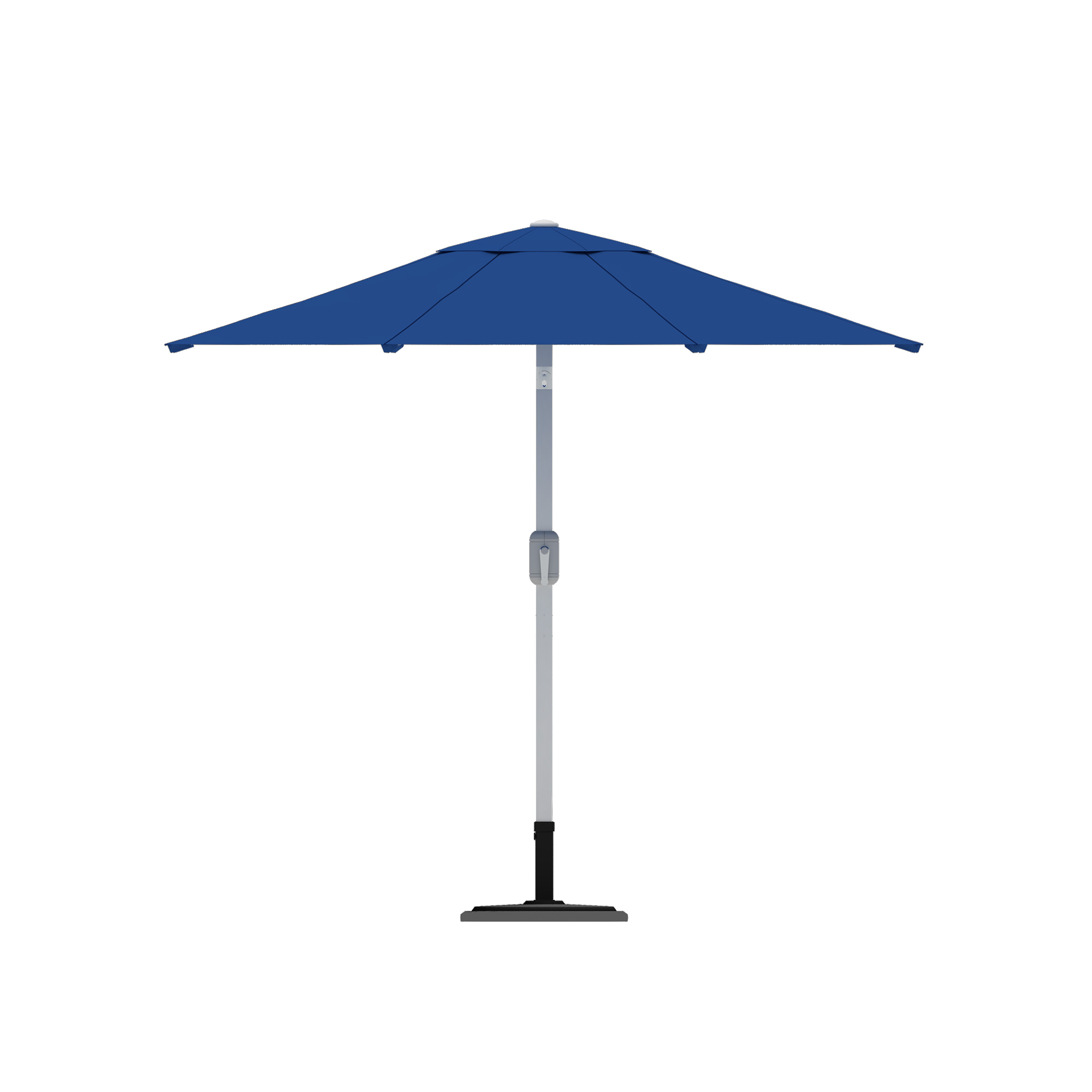 Moderner Sonnenschirm mit zentralem Mast und Kurbelmechanismus