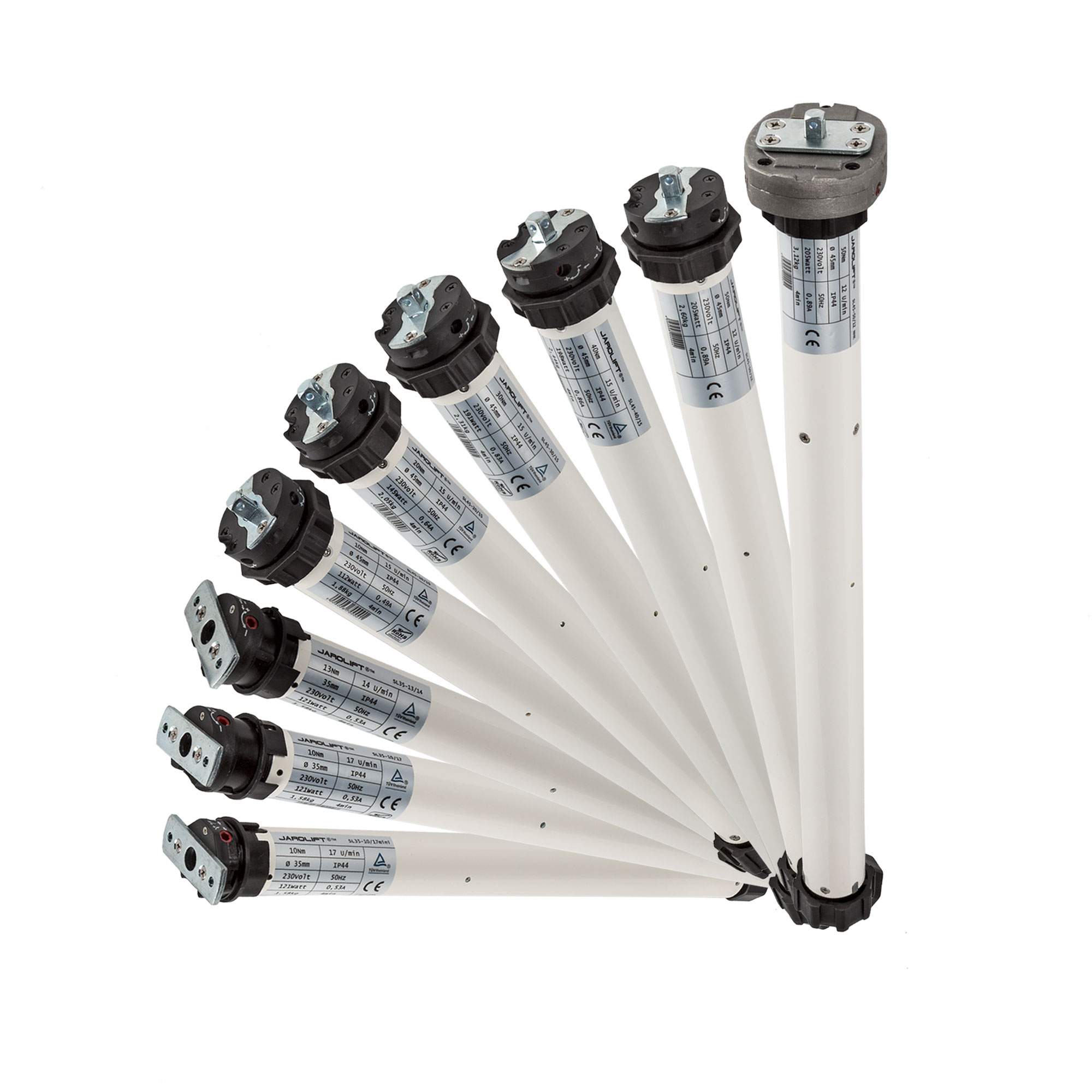 Mehrere Rollladenmotoren in fächerartiger Anordnung, zylindrische Form mit technischen Details