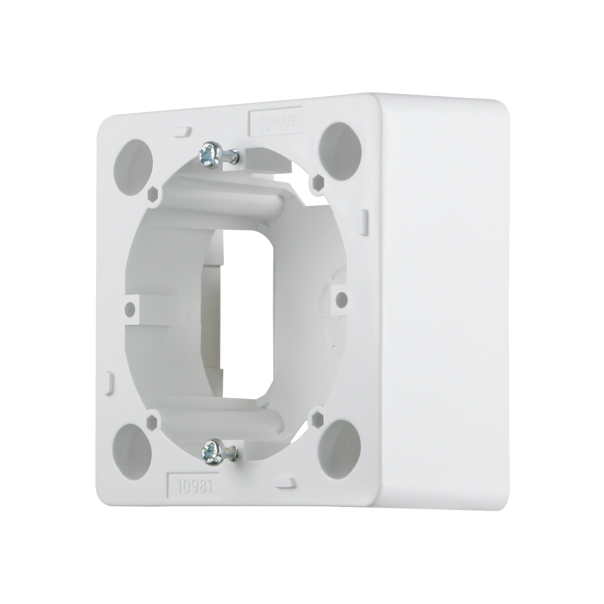 slider_image_019320d649307b21a54569947dc72e01 Aufputzrahmen für System JS1, rechteckige Form mit zentraler Öffnung und Befestigungspunkten