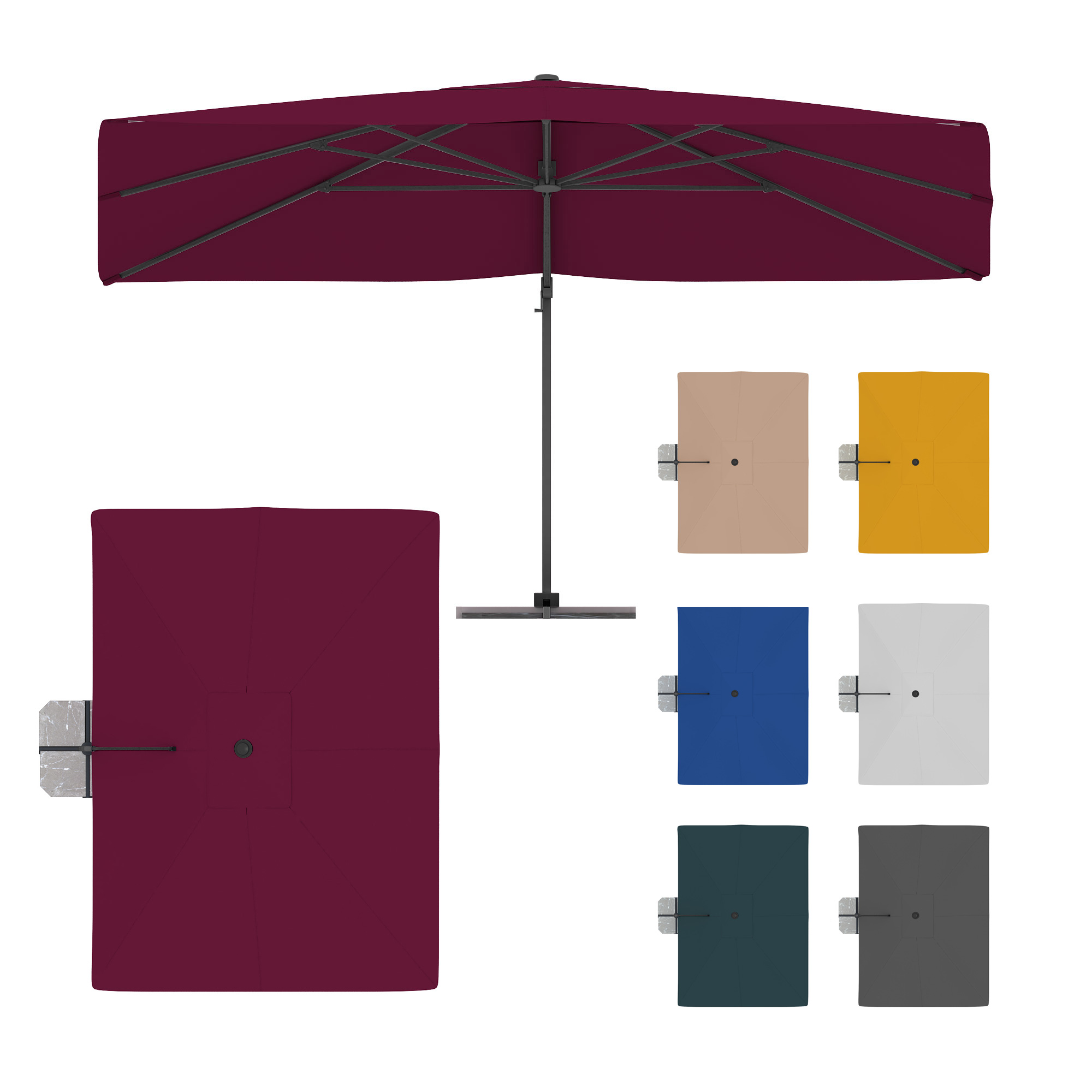 Ampelschirm mit rundem Schirmdach und seitlichem Standfuß in verschiedenen Farben