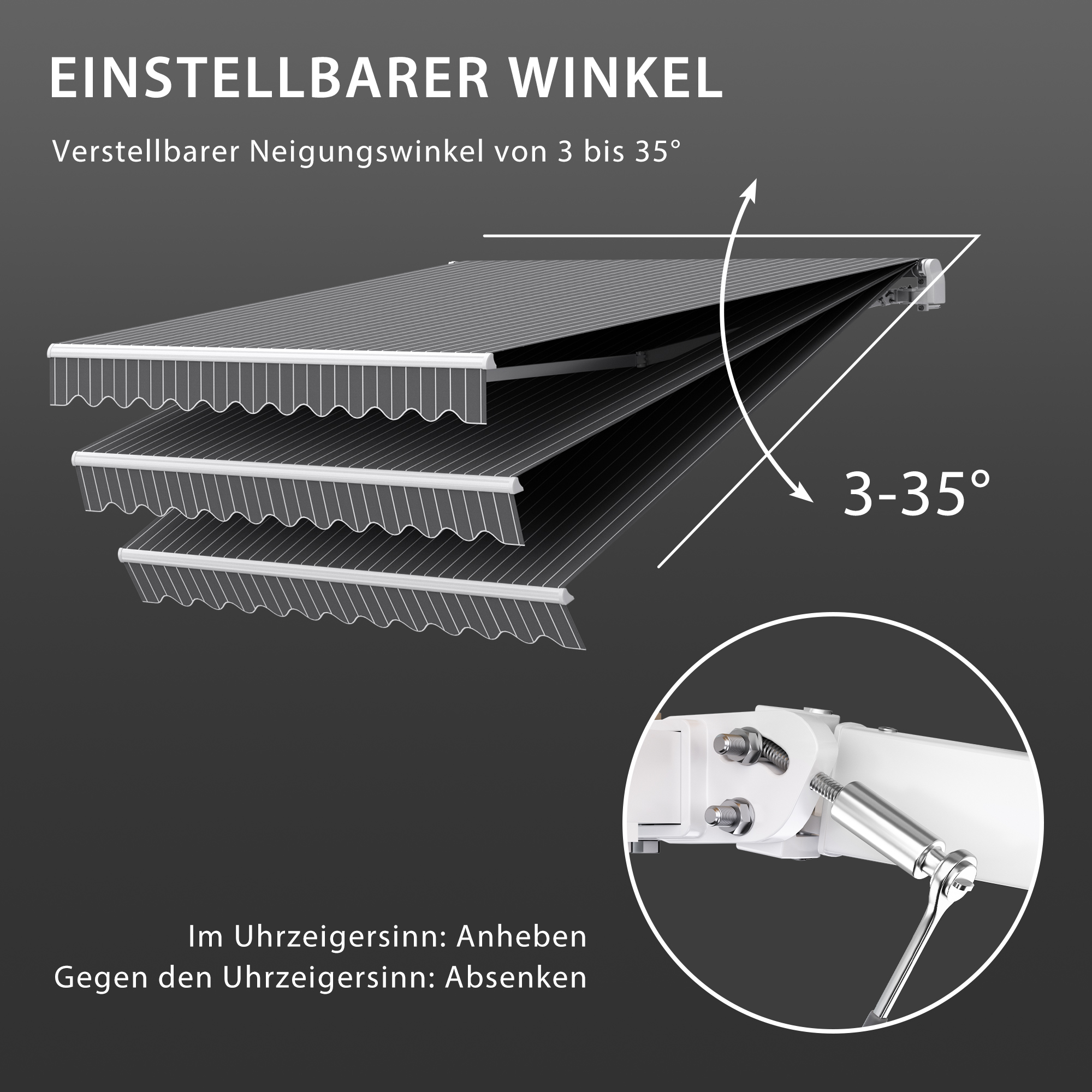 Verstellbare Markise mit Neigungswinkel von 3 bis 35 Grad, Hebelmechanismus zur Einstellung