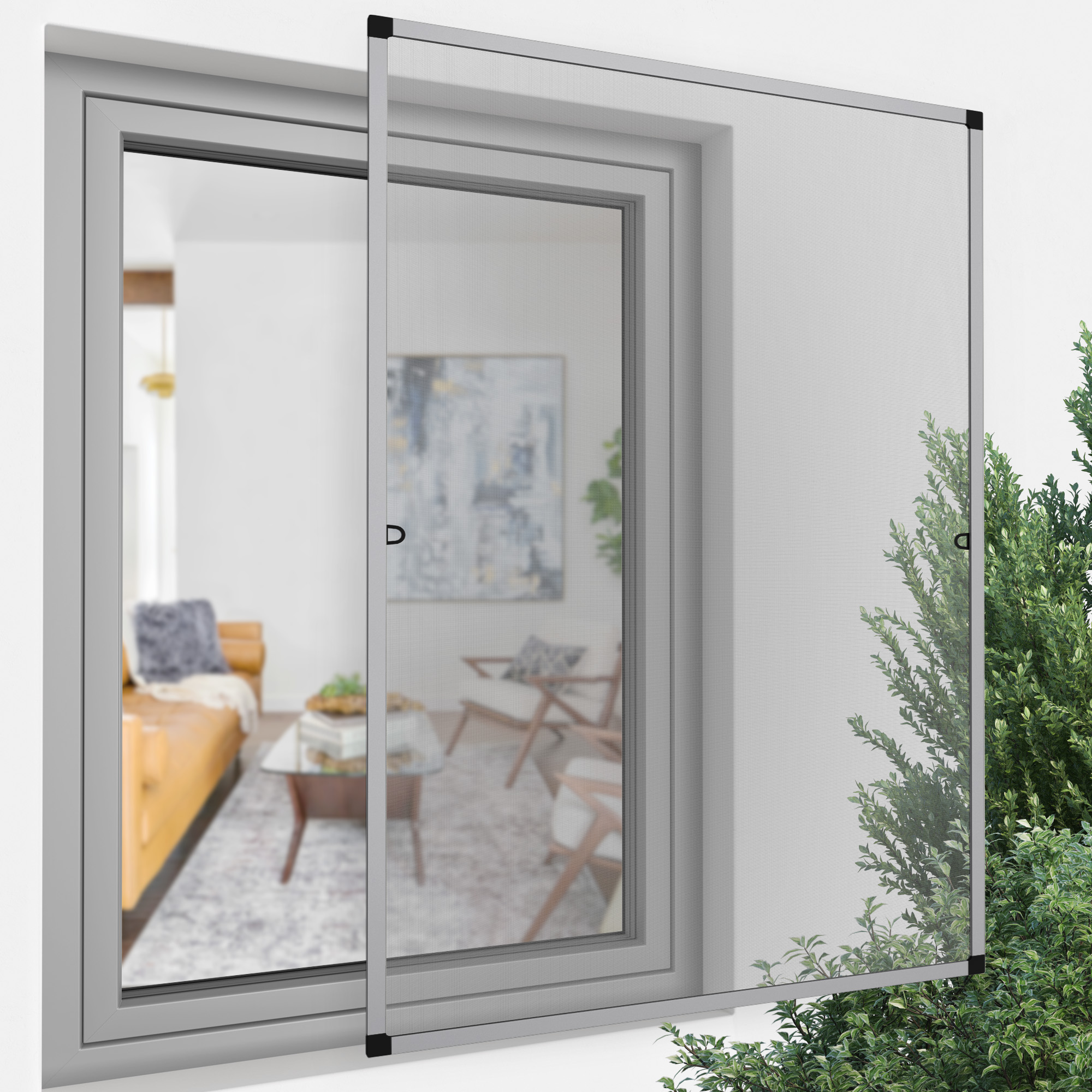 Insektenschutz-Spannrahmen für Fenster, montiert in einem Wohnraumfenster