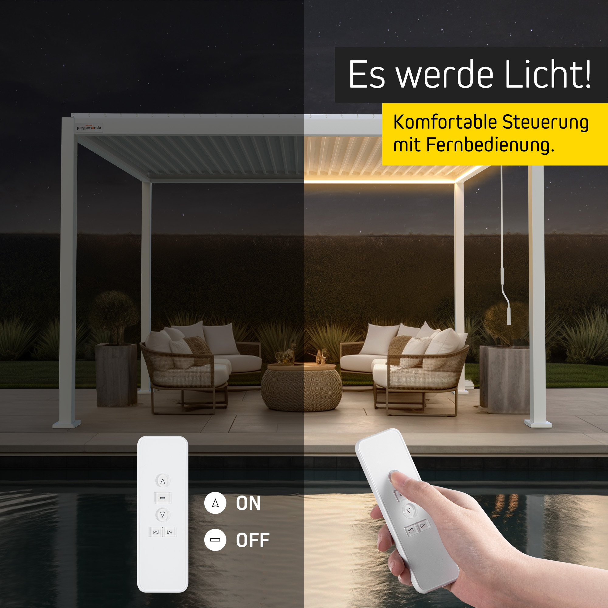 LED-Lichterset für Pergola mit Lamellendach, gesteuert per Fernbedienung, abgebildet