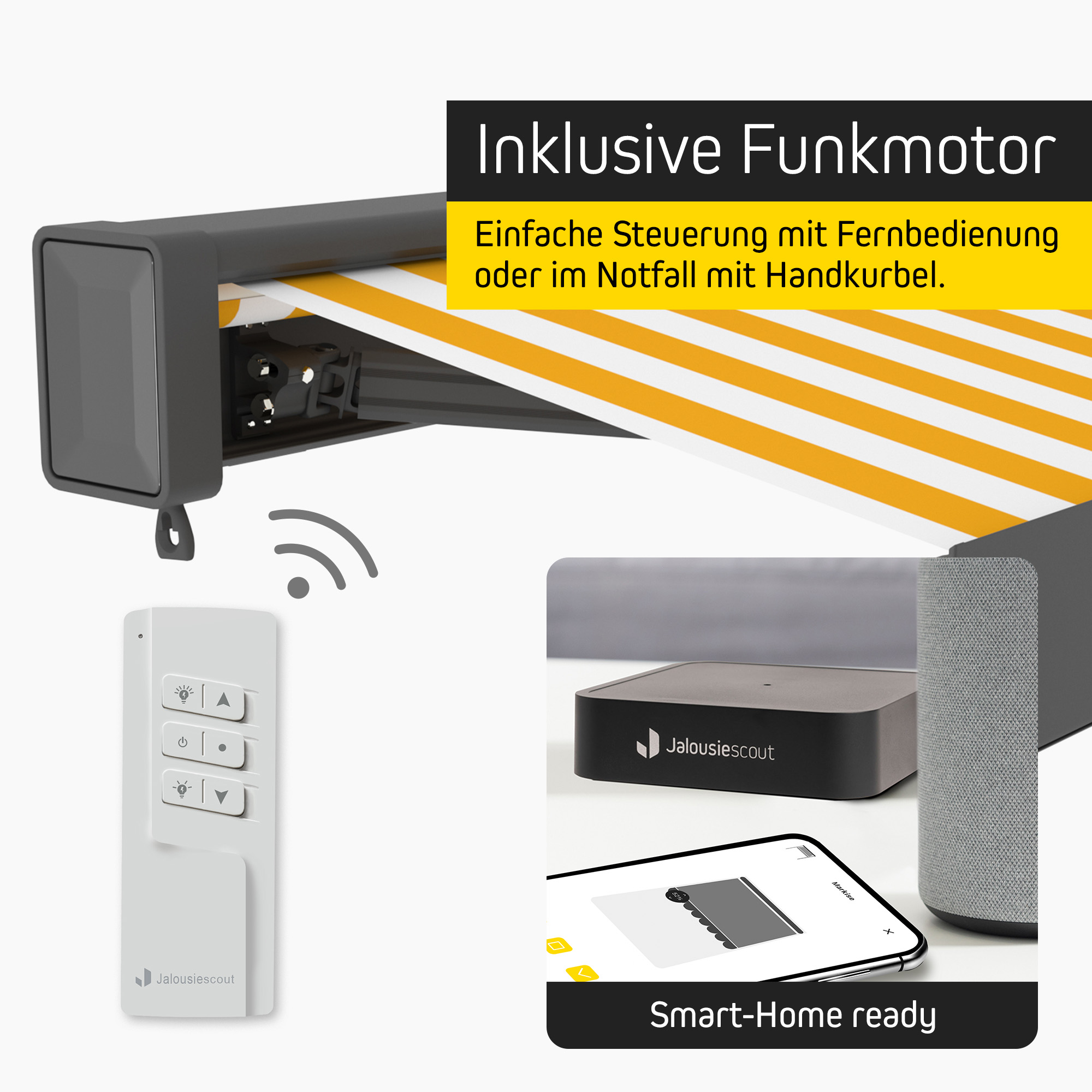 Kassettenmarkise mit LED, Funkmotor, Fernbedienung und Smart-Home-Steuerung