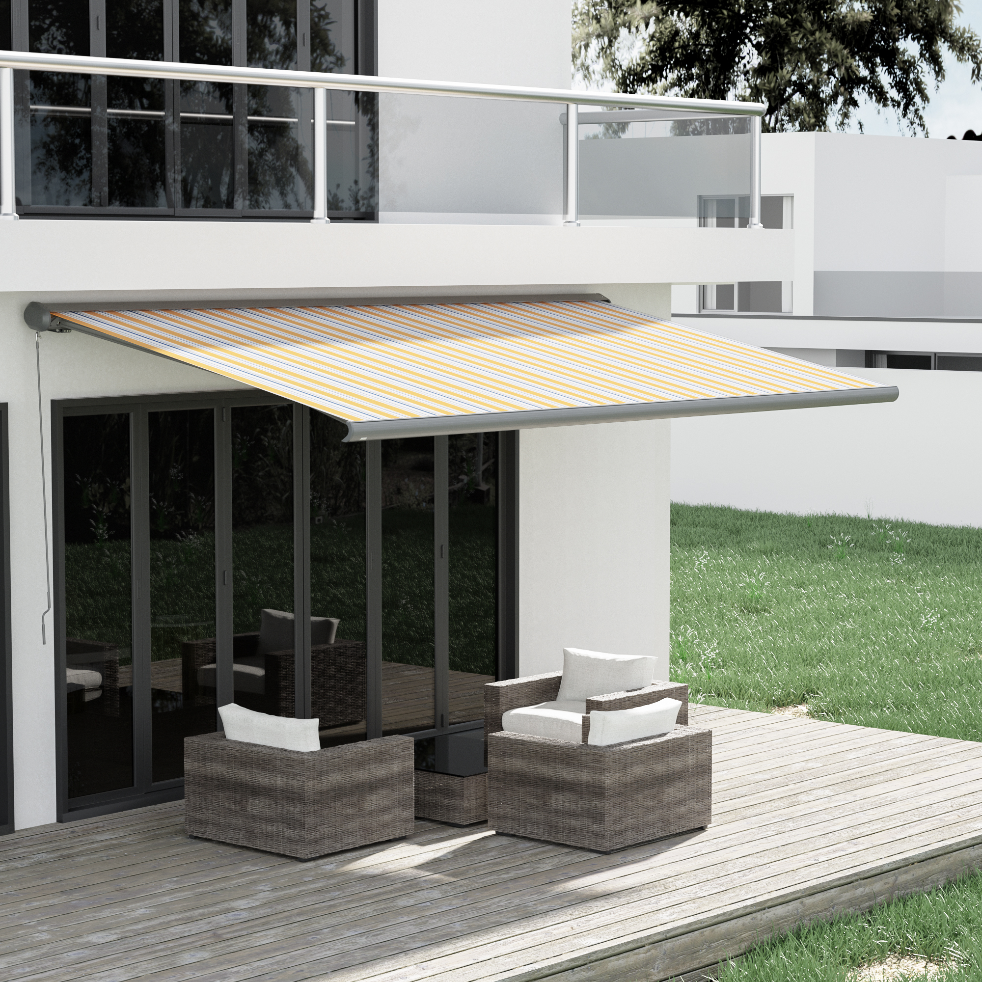 Terrasse mit Markise und Sitzmöbeln vor einem modernen Gebäude