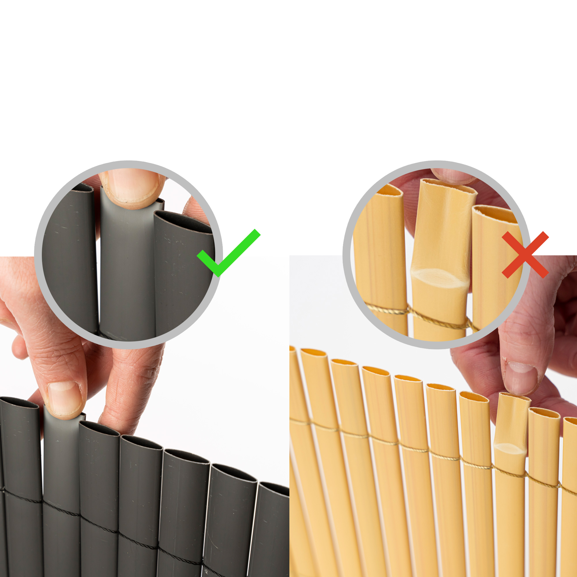 slider_image_163a5fd97e854a52a52b0f7b9908f5d7 Hände zeigen korrekte und inkorrekte Montage einer PVC Sichtschutzmatte