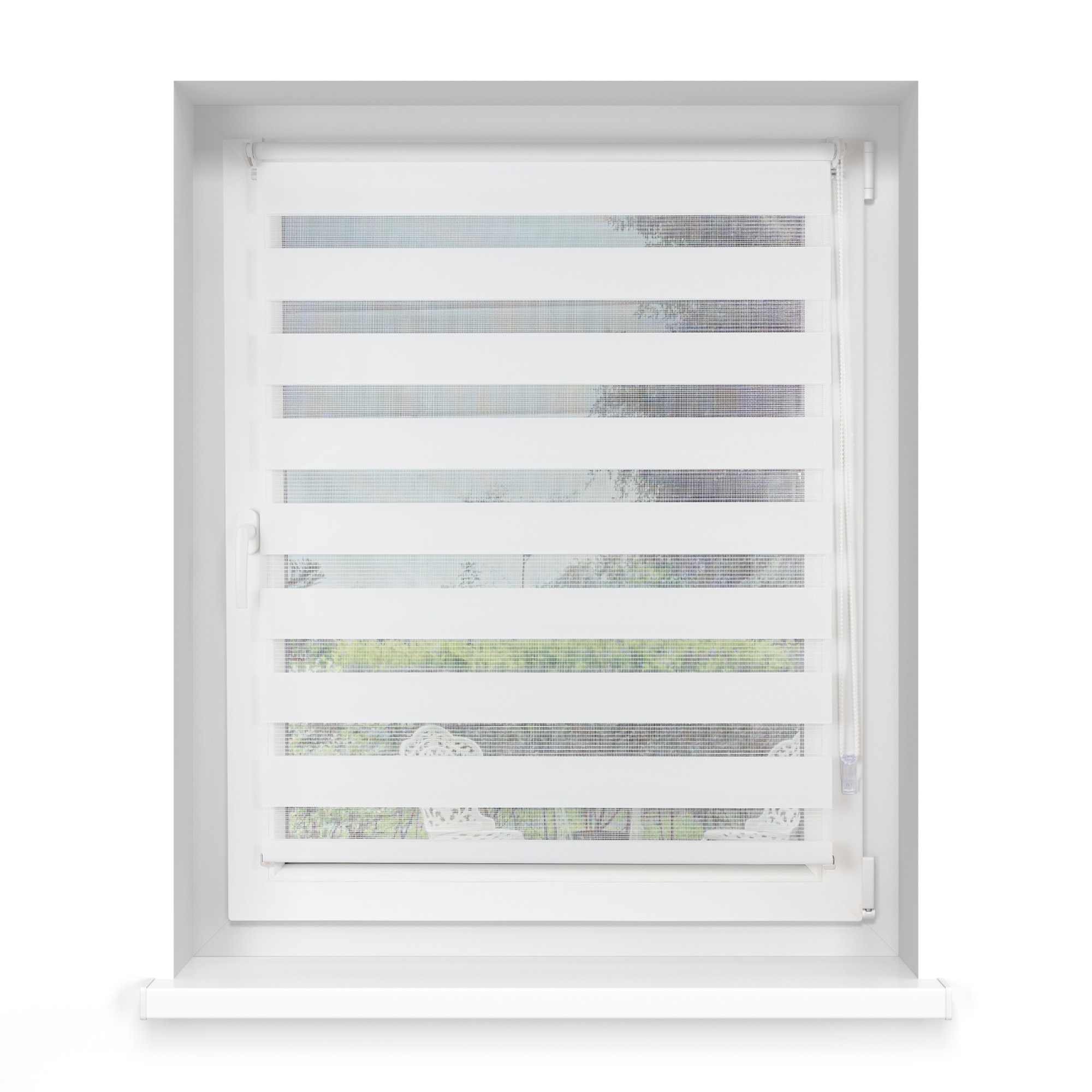 Klemmfix Doppelrollo an einem Fenster mit verstellbaren Streifen zur Lichtregulierung