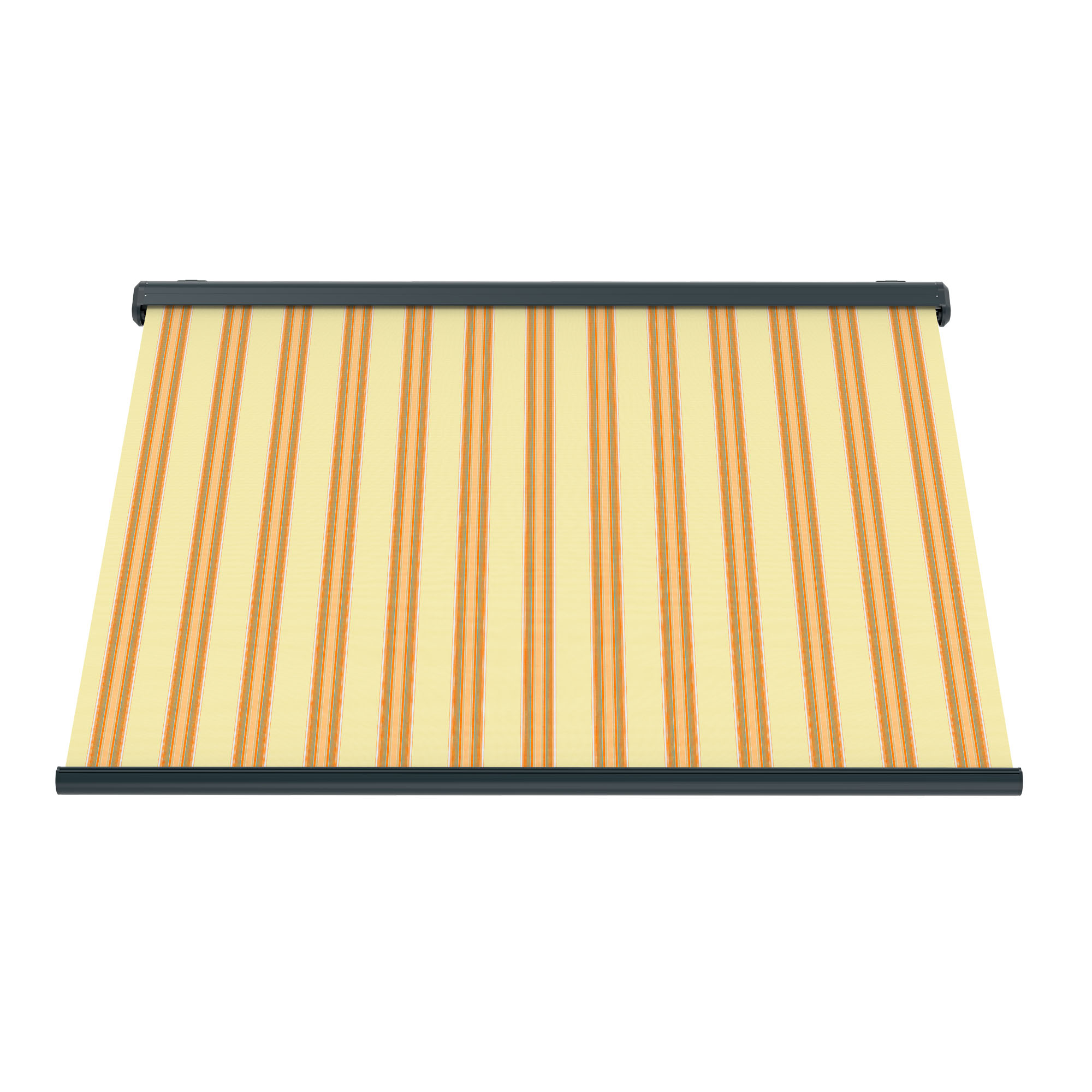 slider_image_01929057a3ea709e9923b64754169d87 Markise mit Streifenmuster, ausgerollt, zur Beschattung von Außenbereichen