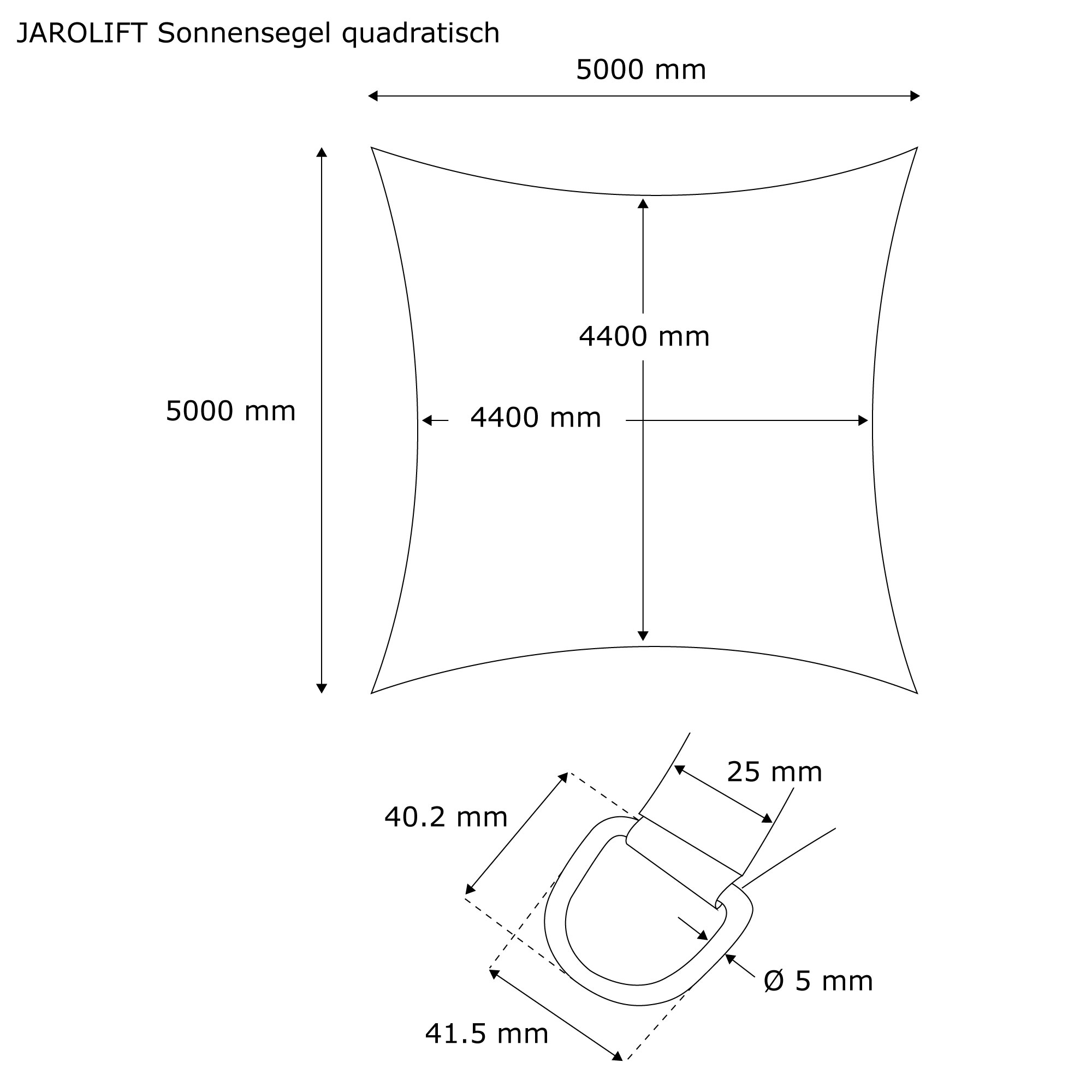 Dreieckiges Sonnensegel aus atmungsaktivem Material mit Befestigungsring, technische Zeichnung