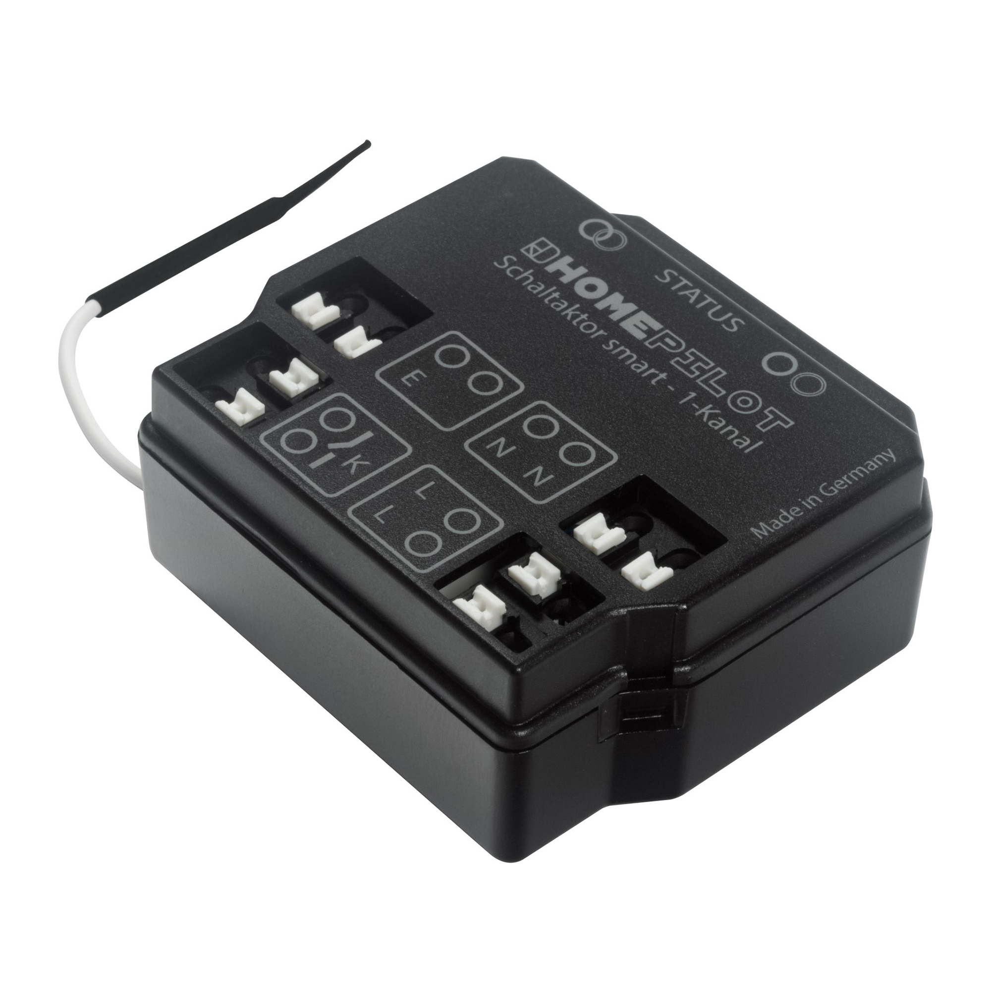 slider_image_0192333a74937ae780e091b57dcef275 Schaltaktor smart 1-Kanal mit Anschlüssen und Beschriftungen auf der Oberseite