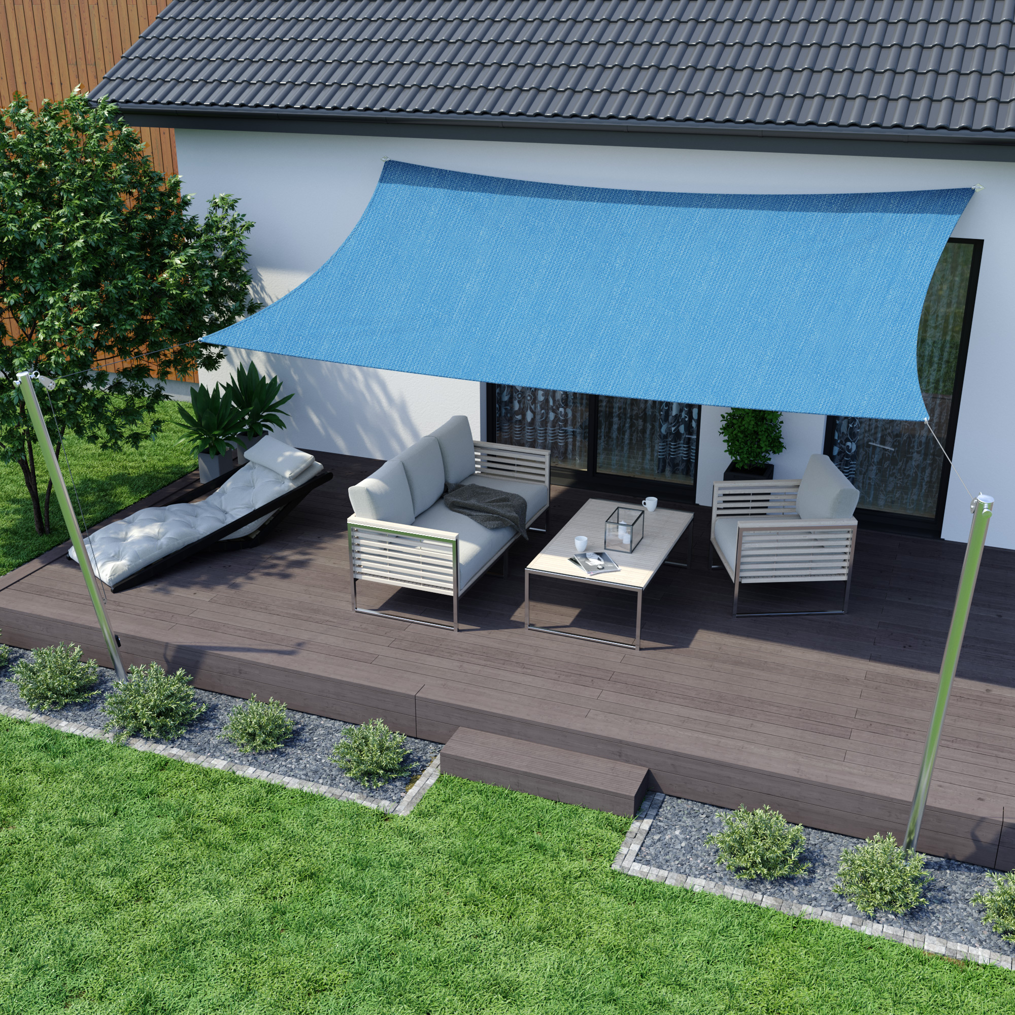 Sonnensegel über Terrasse mit Sitzgruppe, bietet Schatten und Schutz, atmungsaktives Material