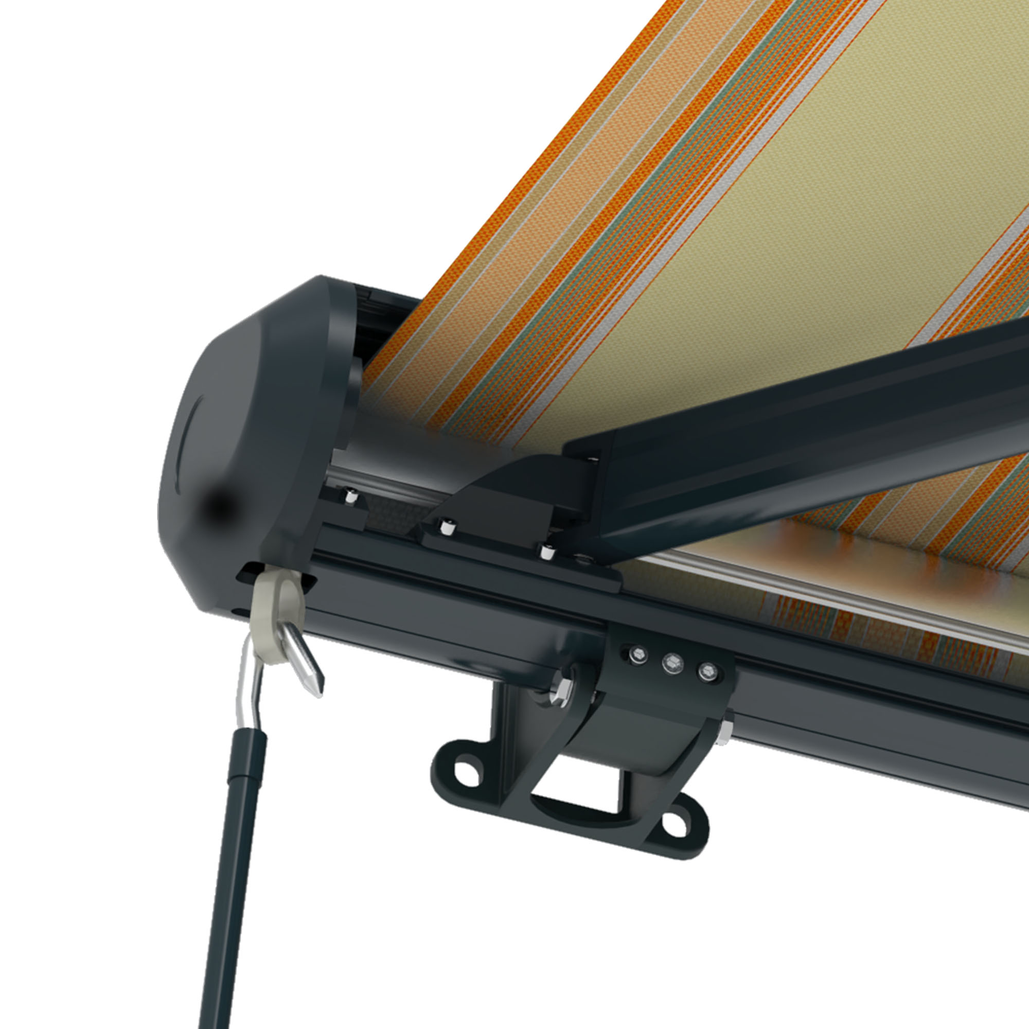 slider_image_01929057a3f17d66b001958ad85afde8 Kassettenmarkise Curve 2000 mit Gestell und Tuch in Nahaufnahme