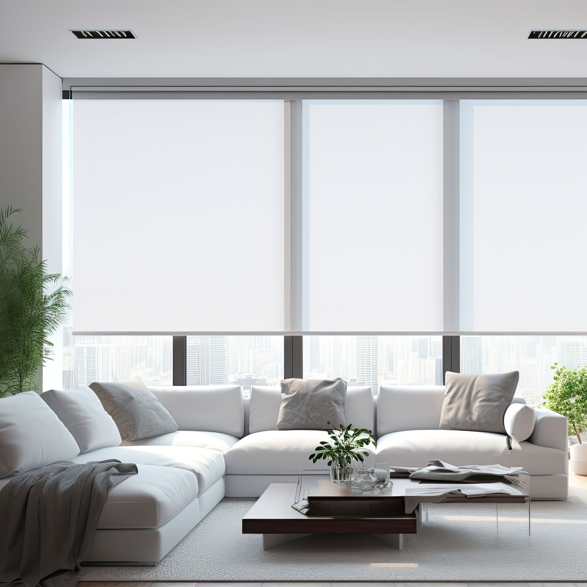Wohnzimmer mit Sofa, Couchtisch, Pflanzen und großen Fenstern mit Jalousien