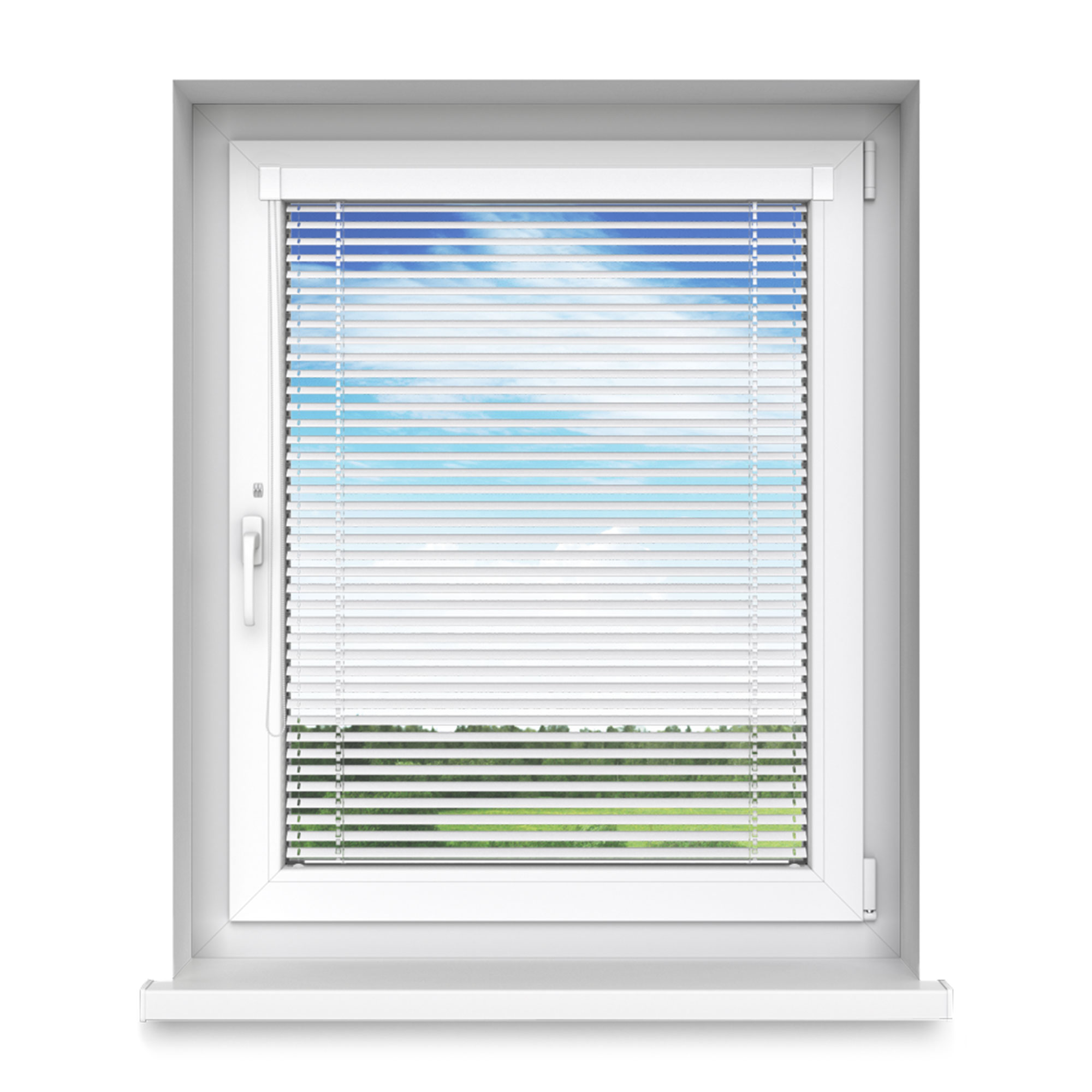 Fenster mit Aluminium-Jalousie, Lamellen horizontal, Ausblick auf Himmel und Landschaft