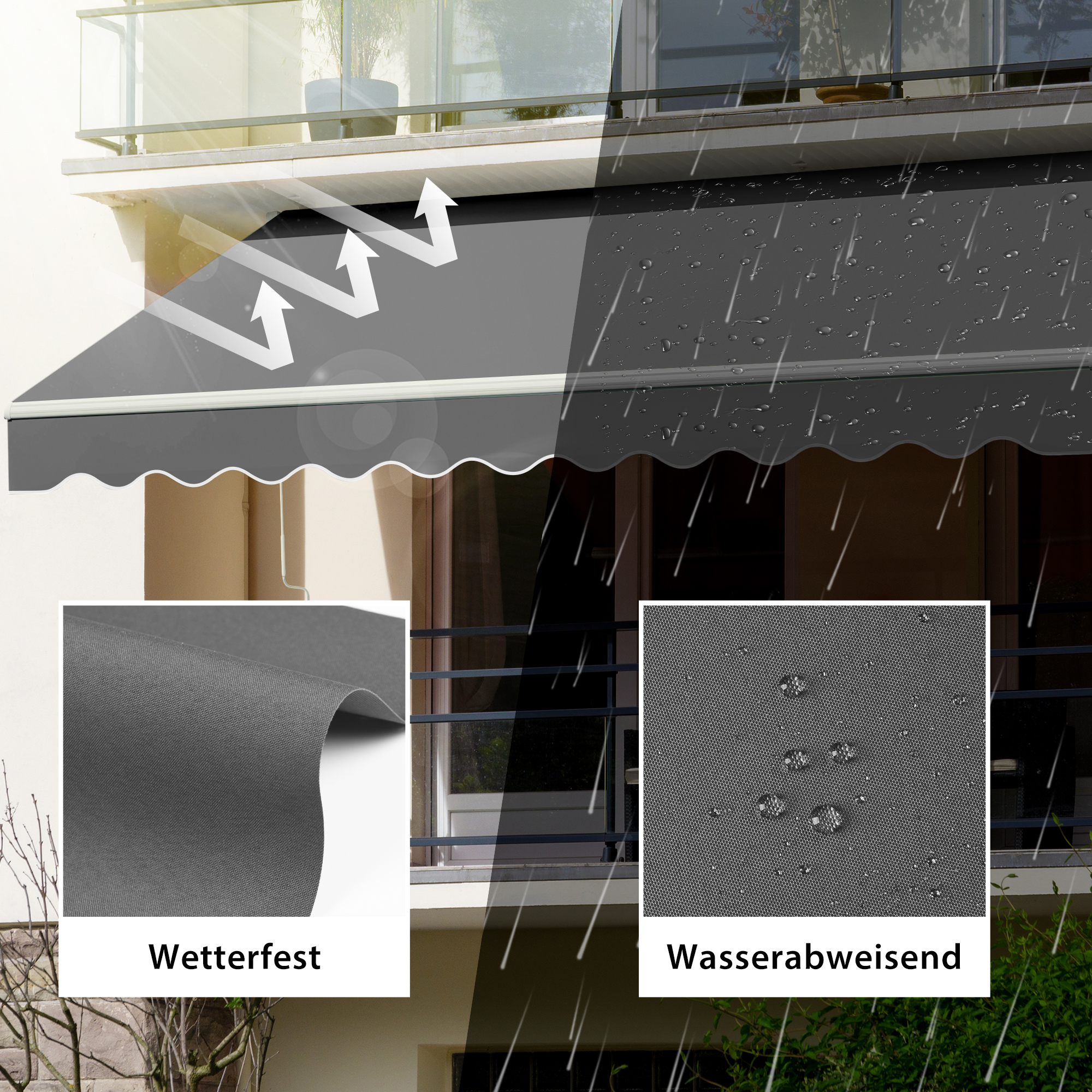 Gelenkarmmarkise Basic 2000 an einem Balkon, wetterfest und wasserabweisend