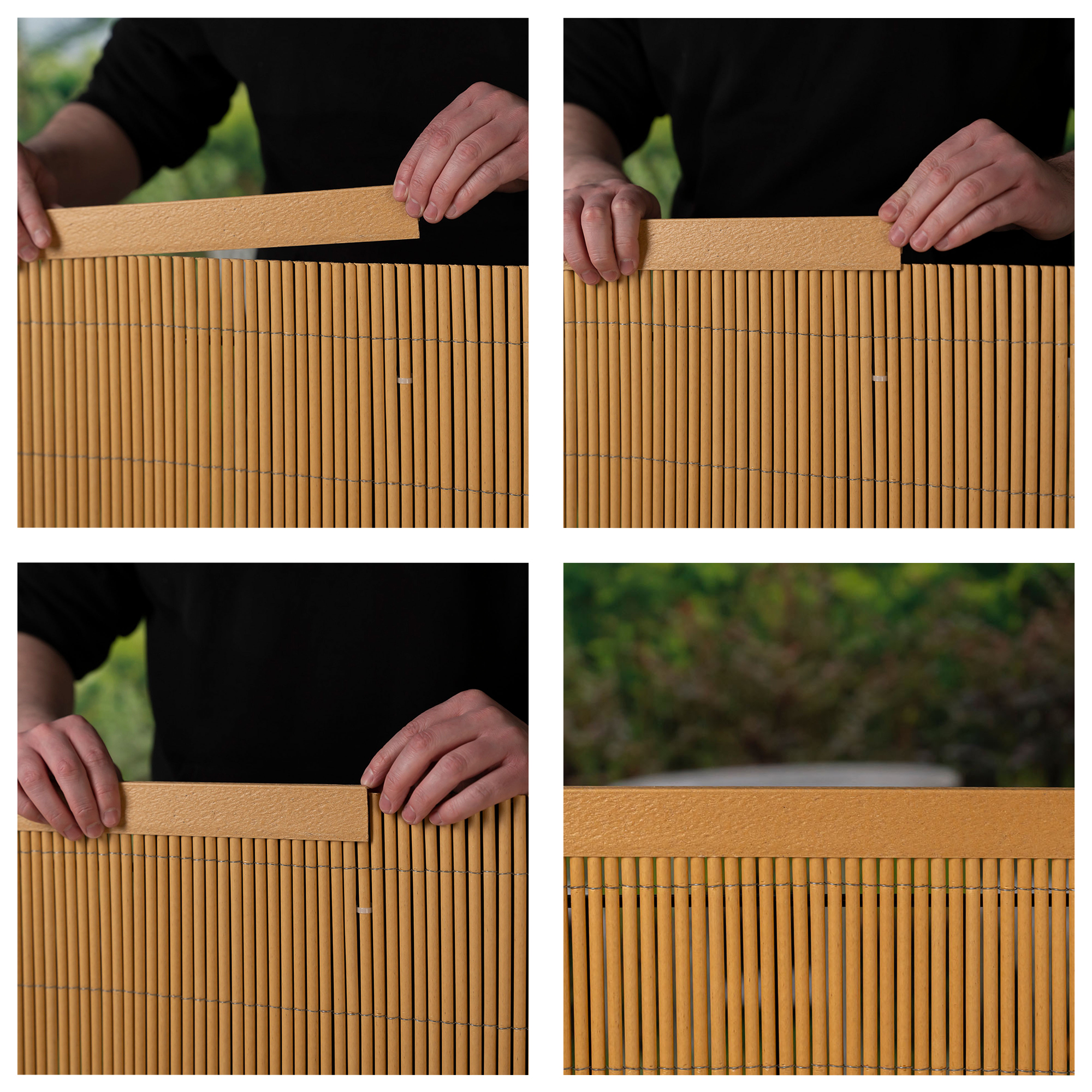 slider_image_86263fa3e4a144d2a238cde8383d9ab4 Person montiert Abdeckprofil auf Sichtschutzmatte zur Stabilisierung und Abdeckung der Oberkante