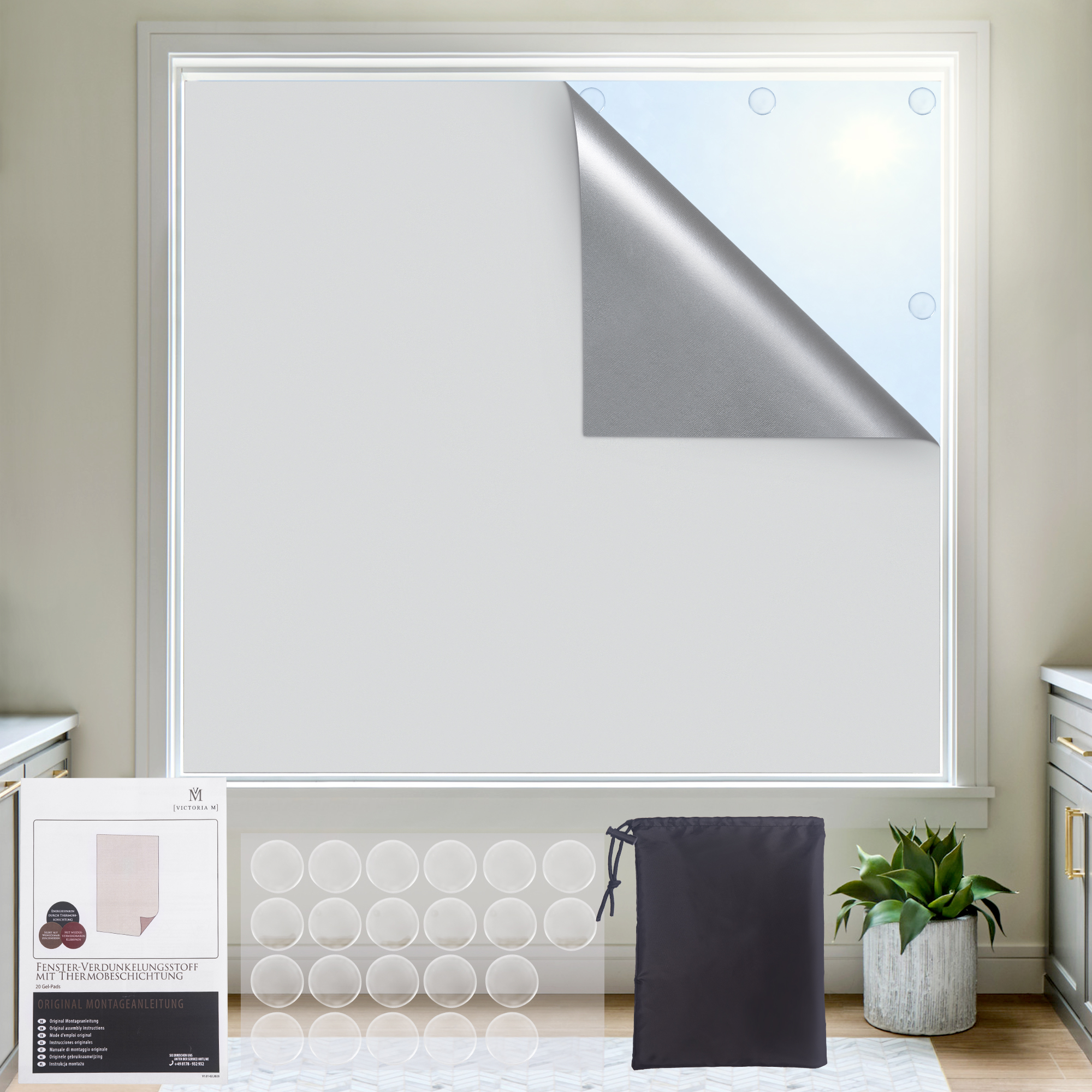 Fenster-Verdunkelungsstoff mit Thermobeschichtung | 22 Gel-Klebepads, 140 x 300 cm, weiß