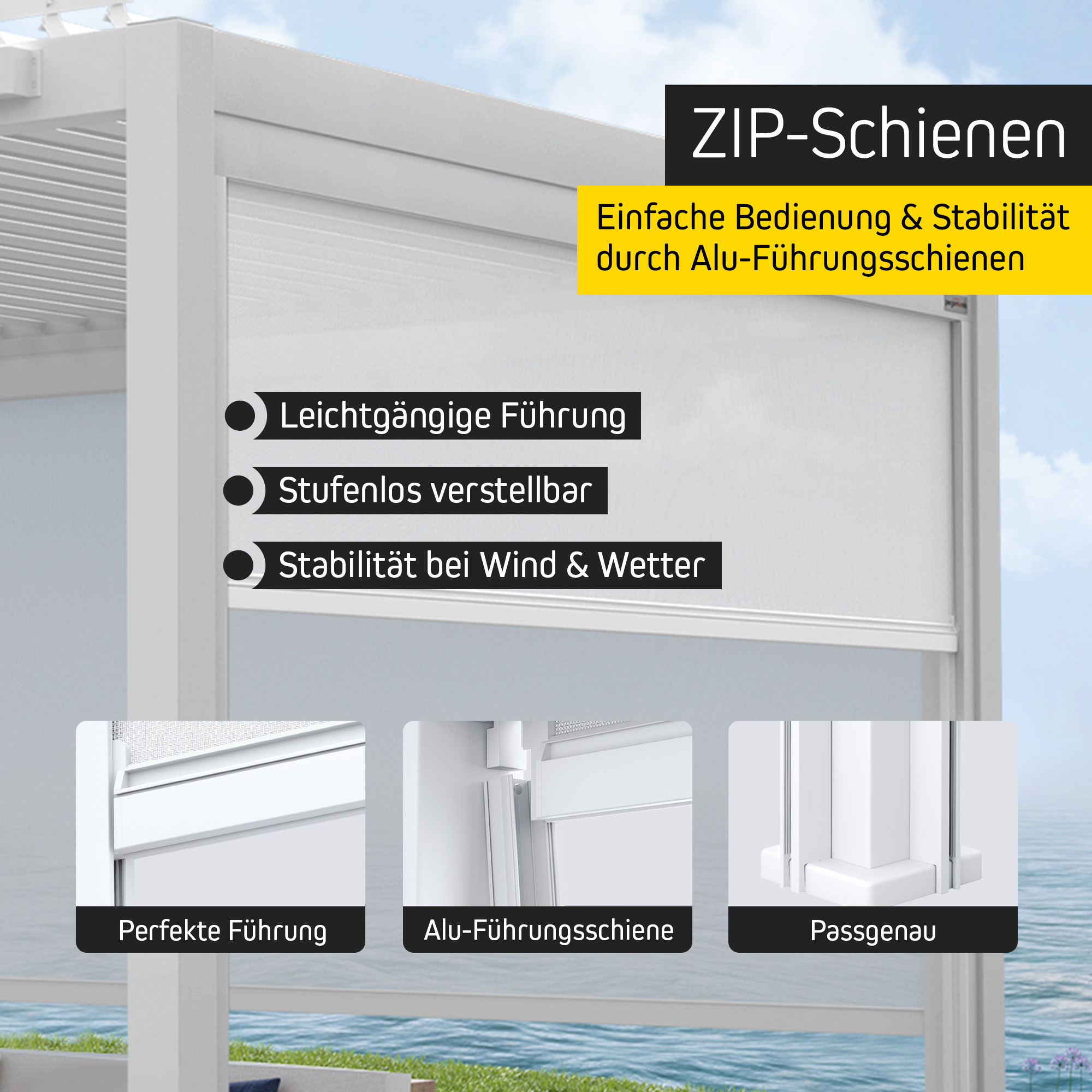 Screen-Rollo für Pergola mit Lamellendach, zeigt ZIP-Schienen und Alu-Führungssystem