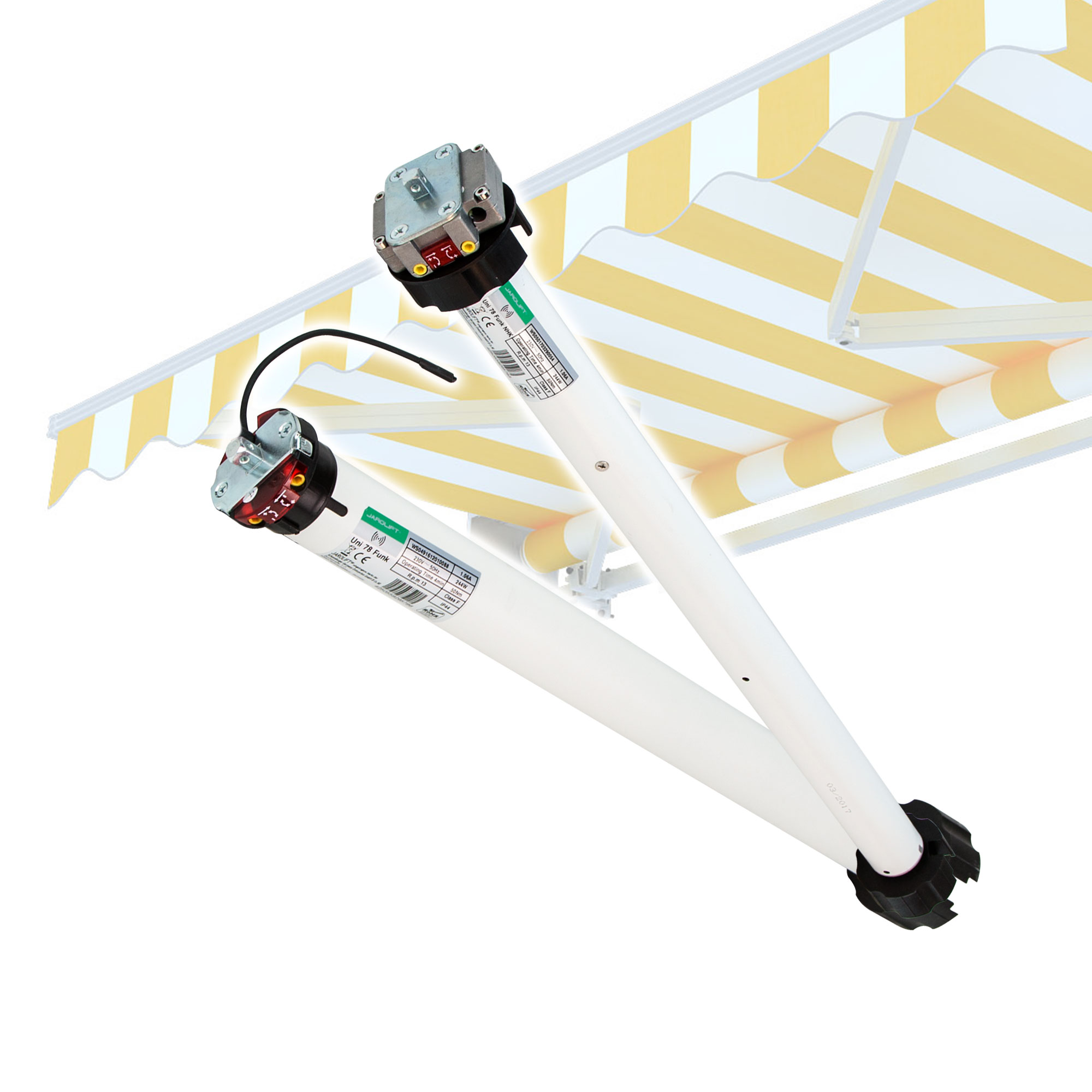 Funk-Markisenmotor Universal mit zwei Adapterringen und Kabelanschluss