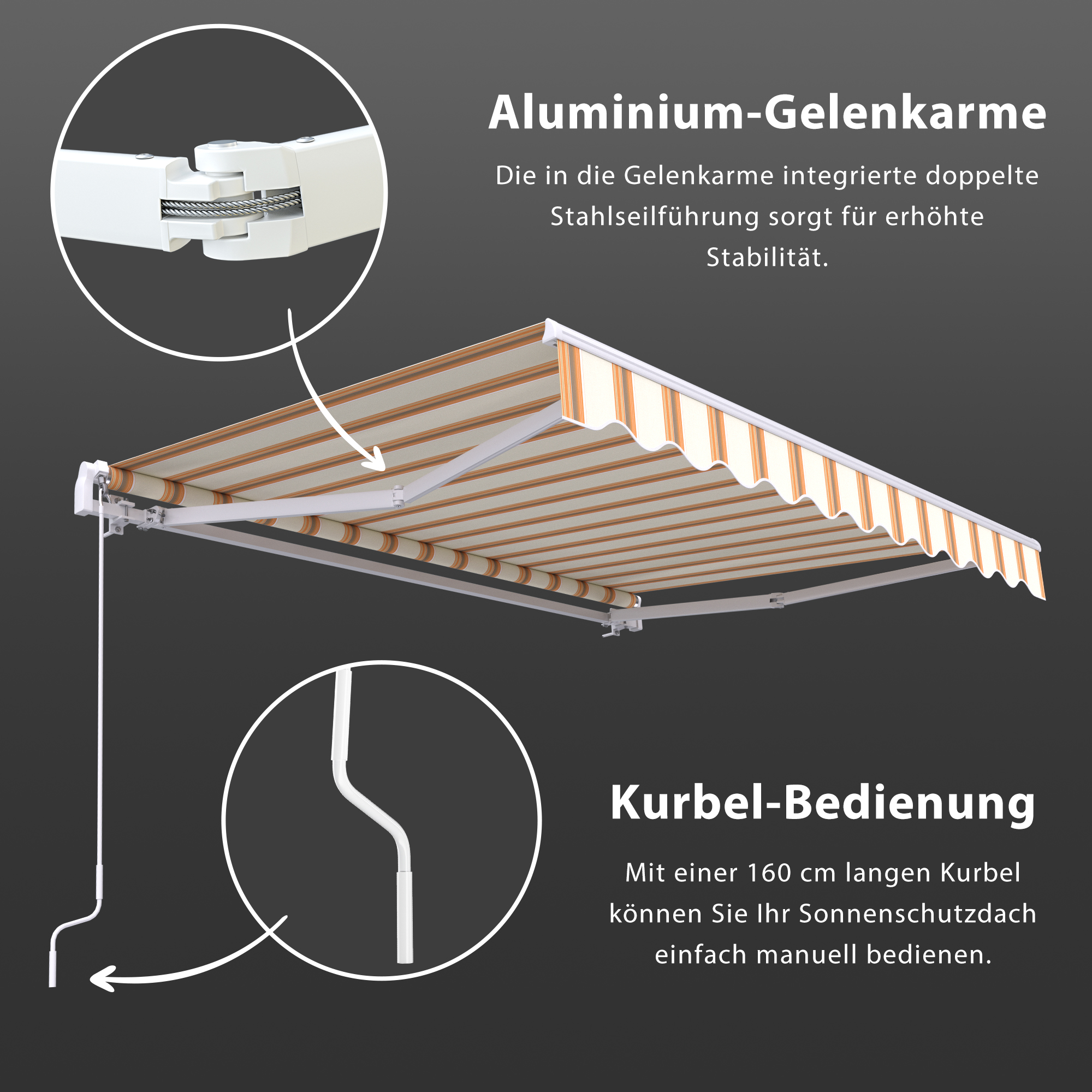 slider_image_01928fa675ac7af3a0d4ff79a68cbb1b Markise mit Aluminium-Gelenkarmen und Kurbelbedienung für manuelle Anpassung