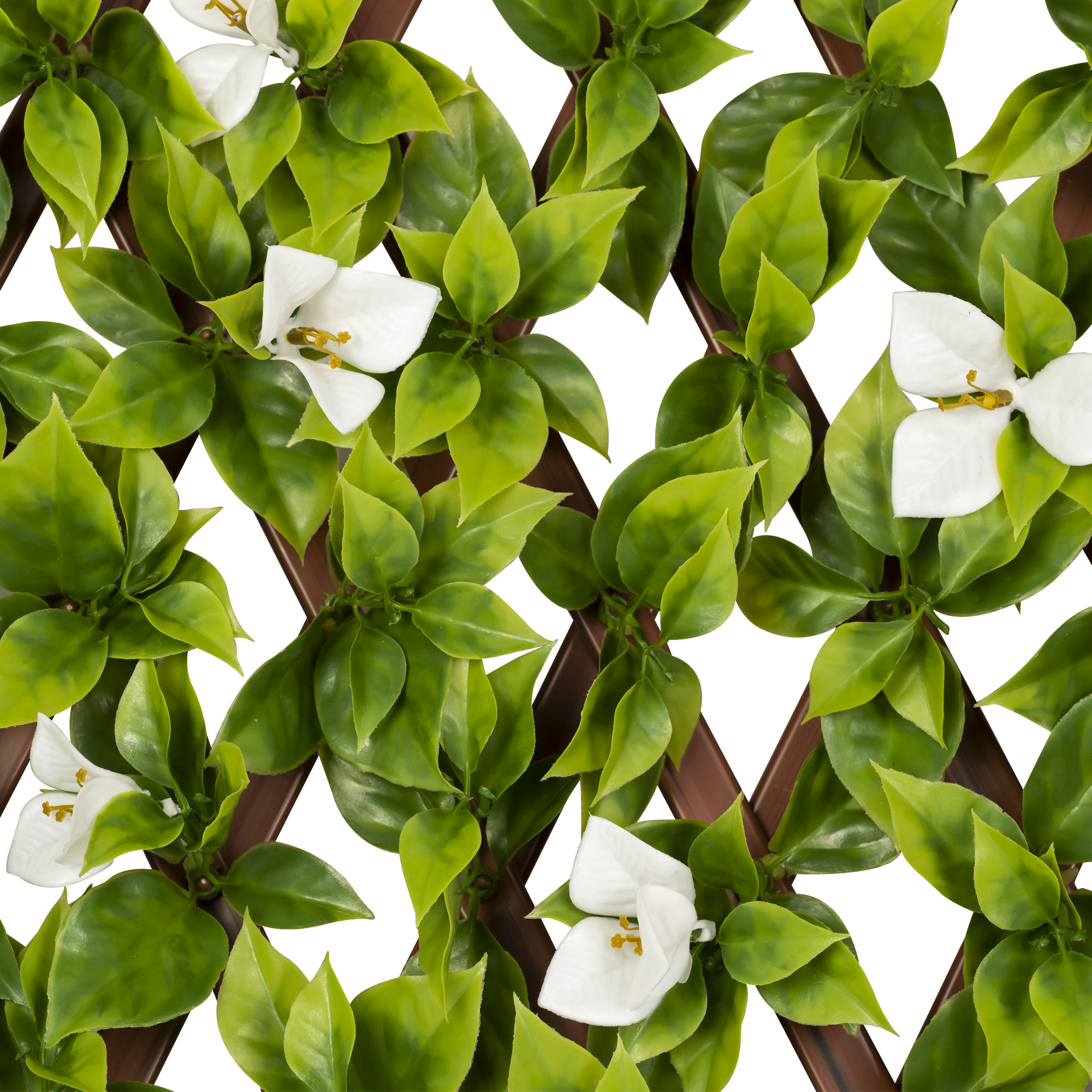 Künstliche Pflanzenwand mit Blättern und Blüten auf Gitterstruktur