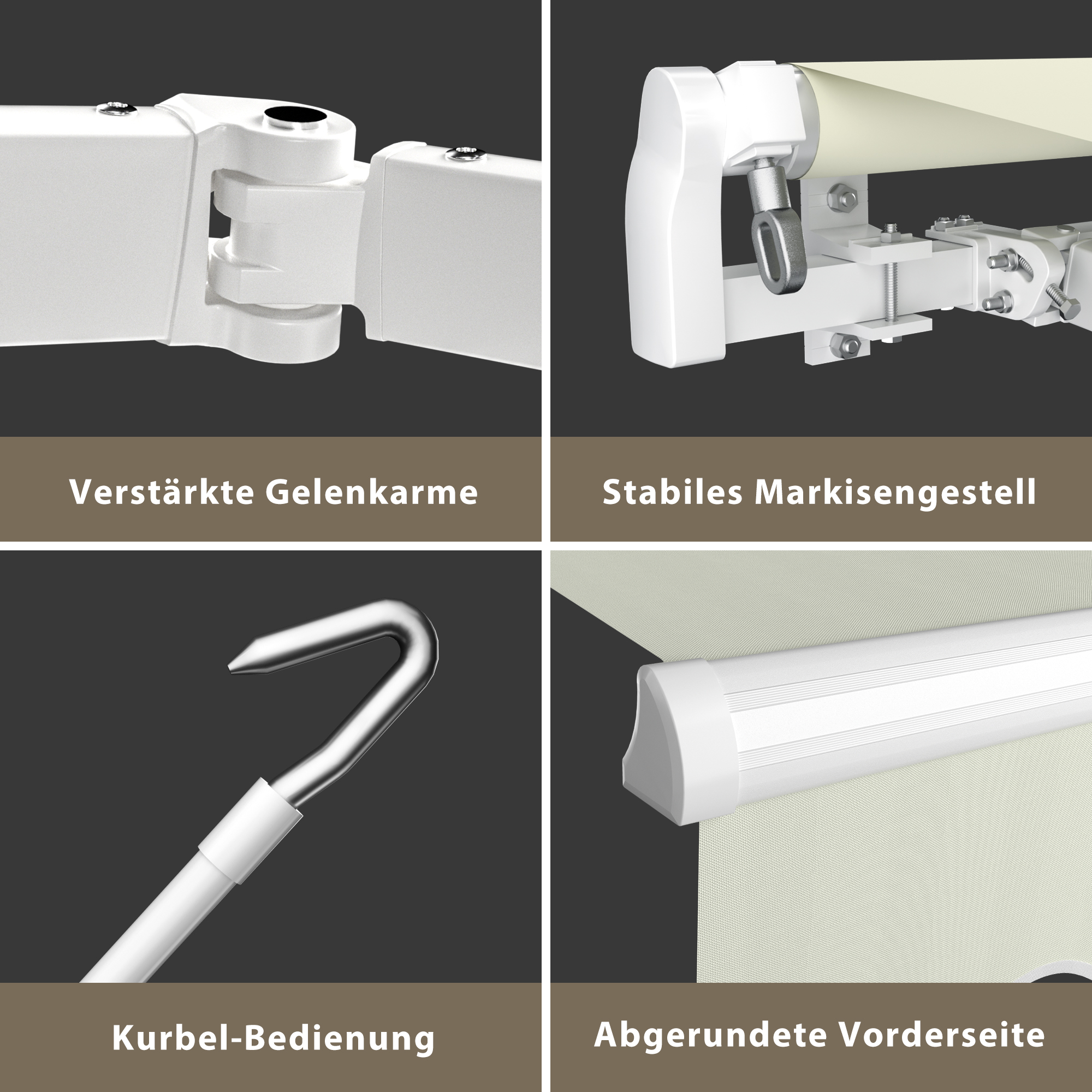 Markise mit verstärkten Gelenkarmen, stabilem Gestell, Kurbel-Bedienung und abgerundeter Vorderseite