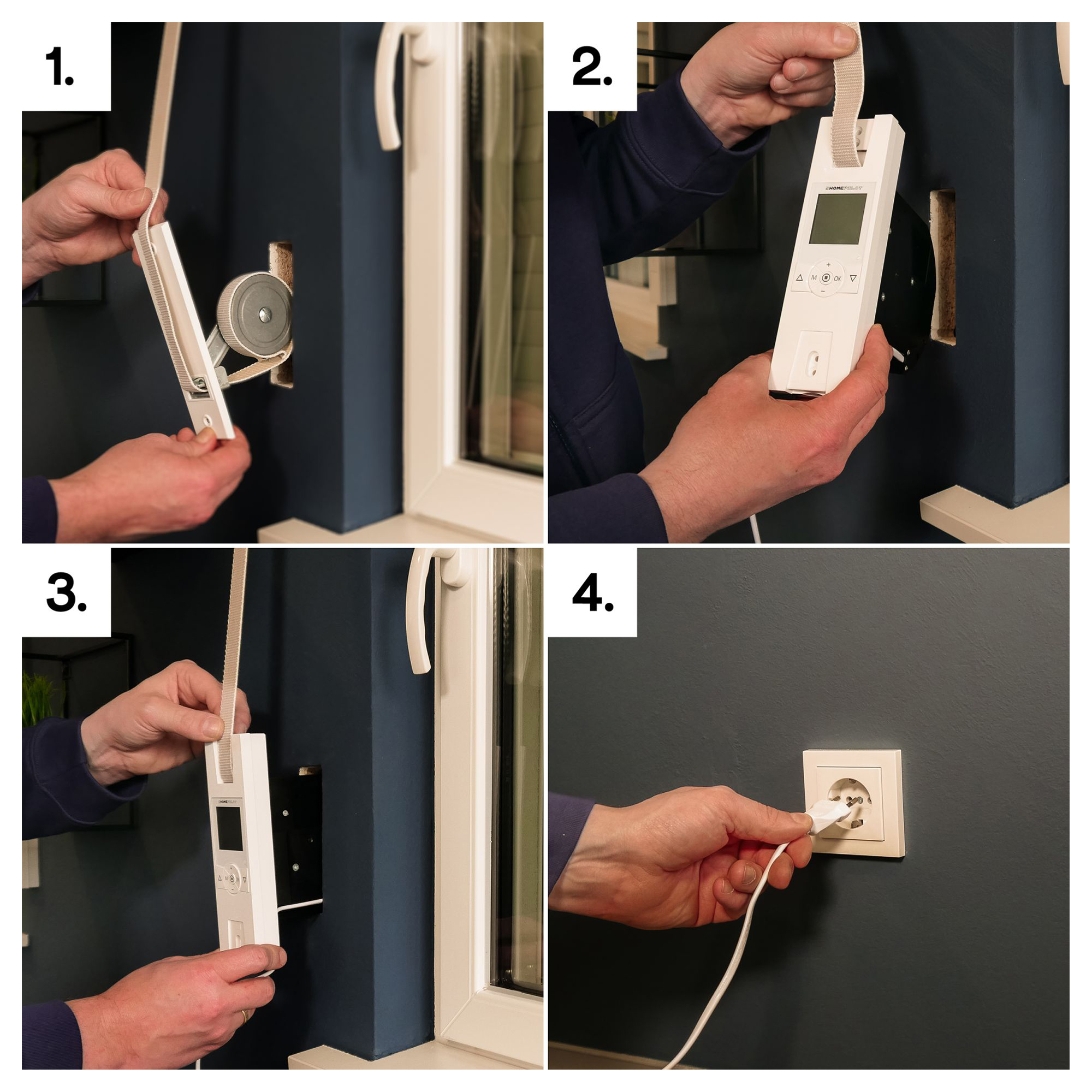 Montage eines elektrischen Gurtwicklers RolloTron premium an einem Fenster in vier Schritten