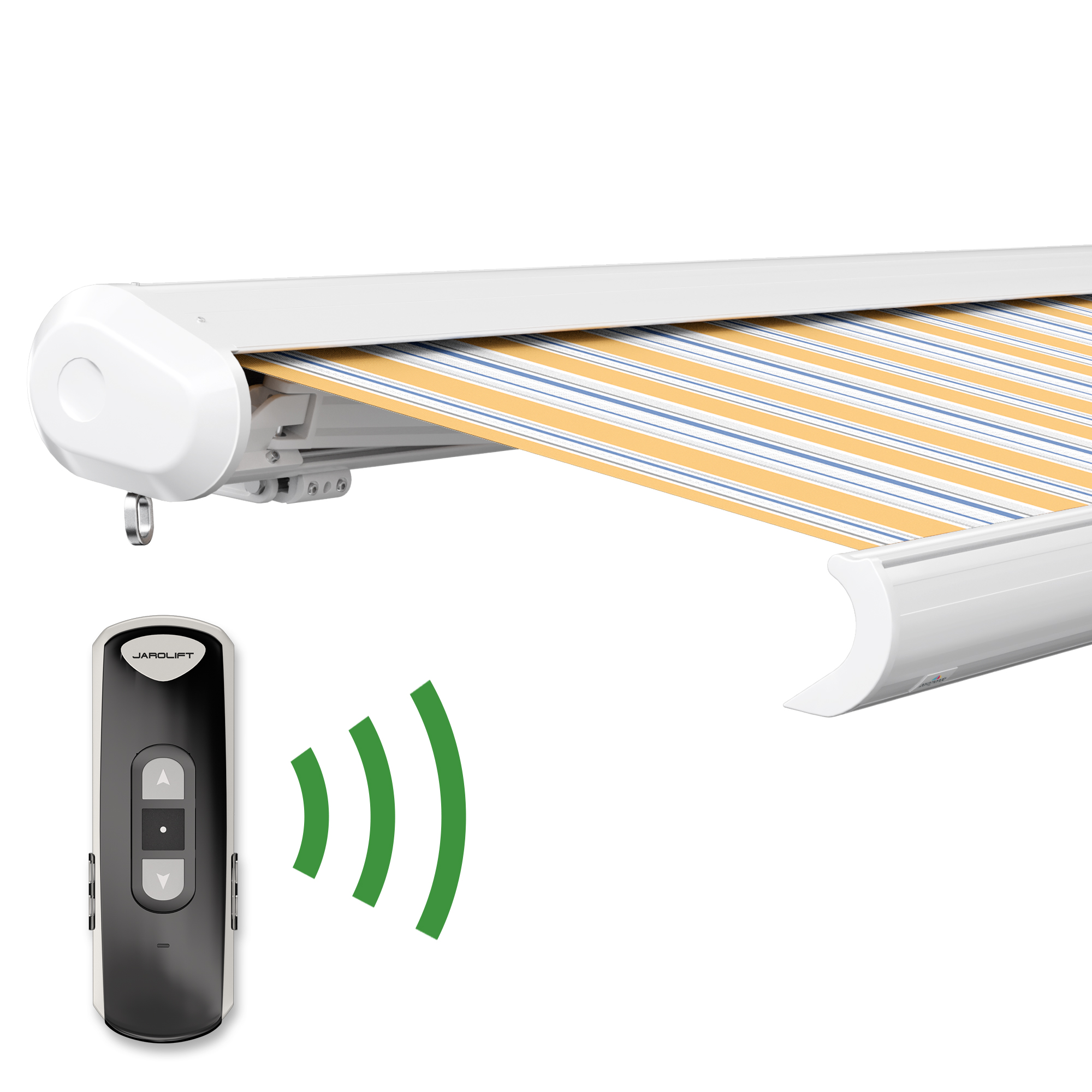 slider_image_019290696fe67144b3decf7daa511375 Kassettenmarkise mit Fernbedienung, zeigt Tuch und Gehäuse der Markise