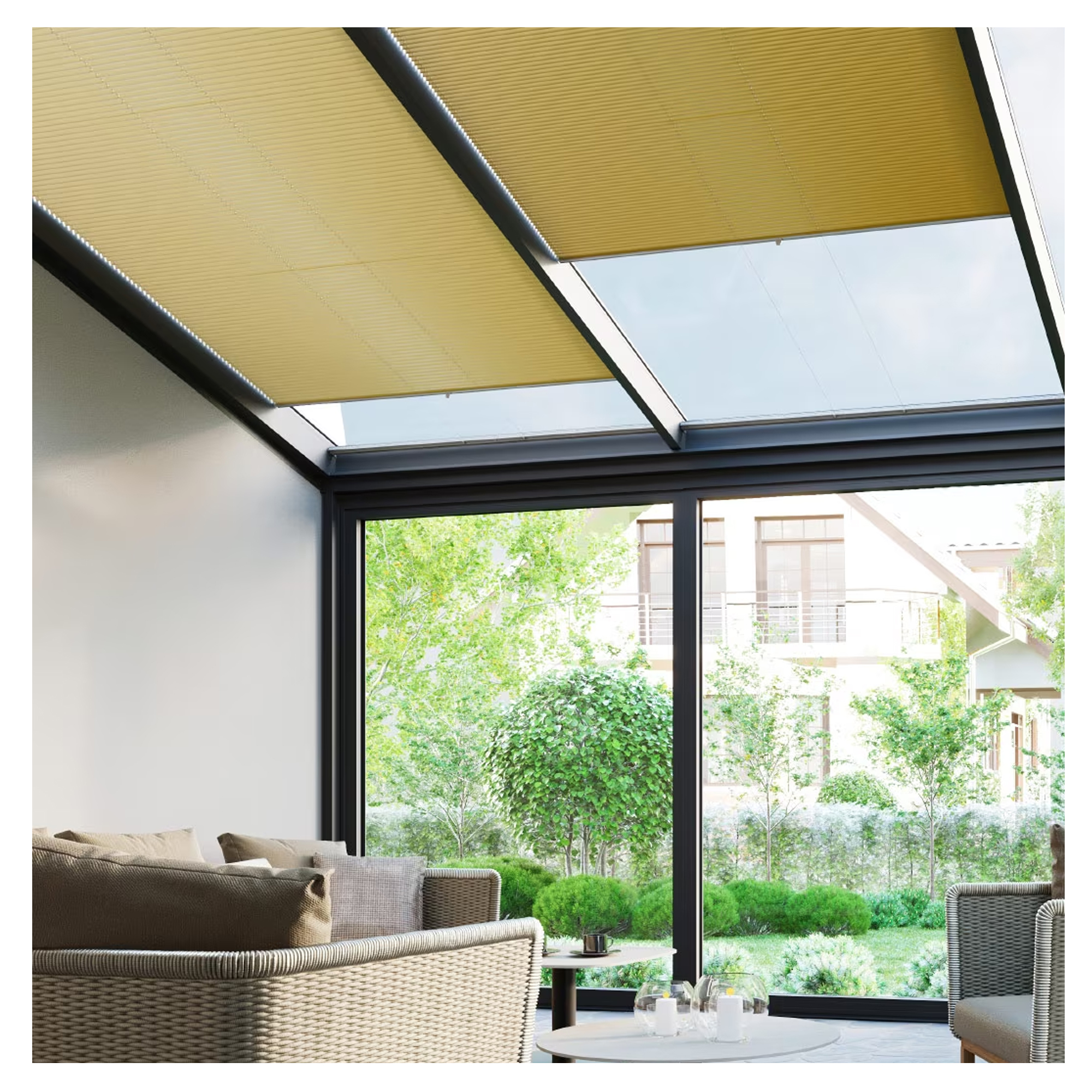 Faltstore-Plissee im Wintergarten, maßgefertigt, C3 COSIFLOR-System, Innenansicht