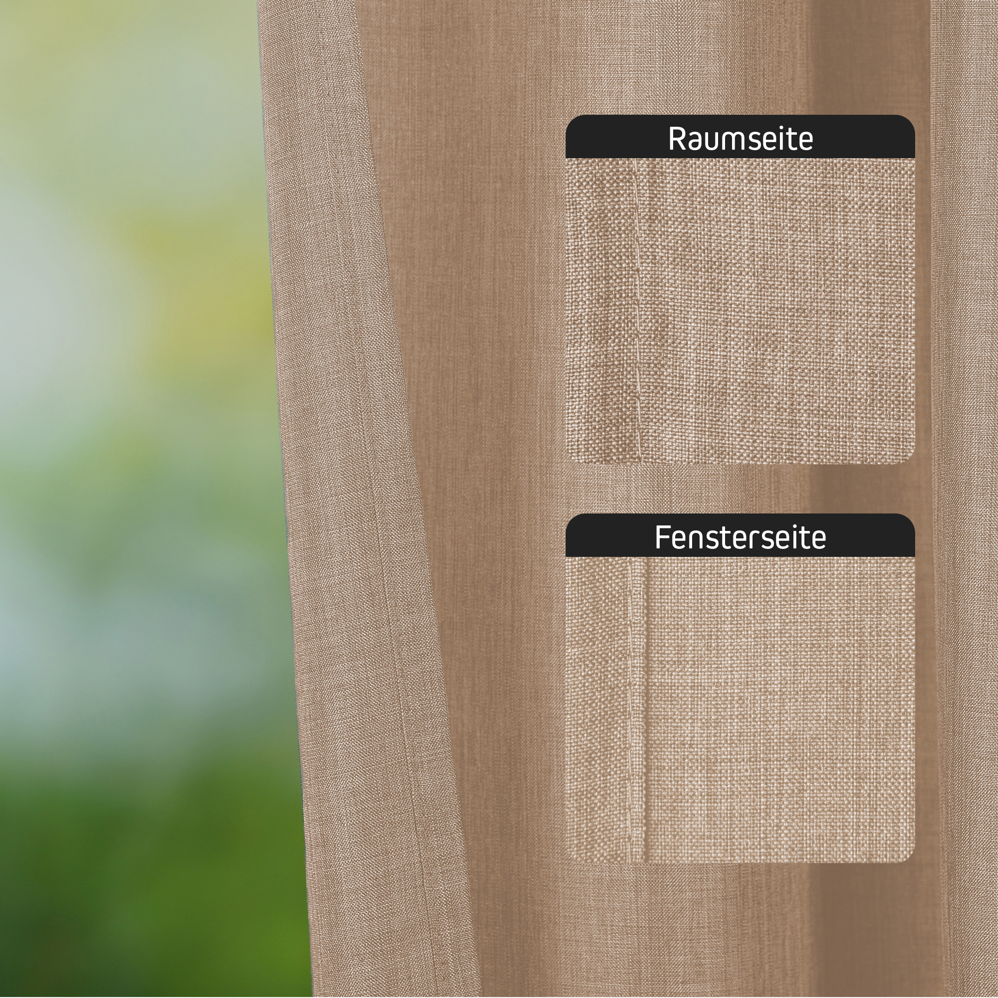 Vorhang mit Kombiband und Leinenstruktur, Detailansicht von Raum- und Fensterseite